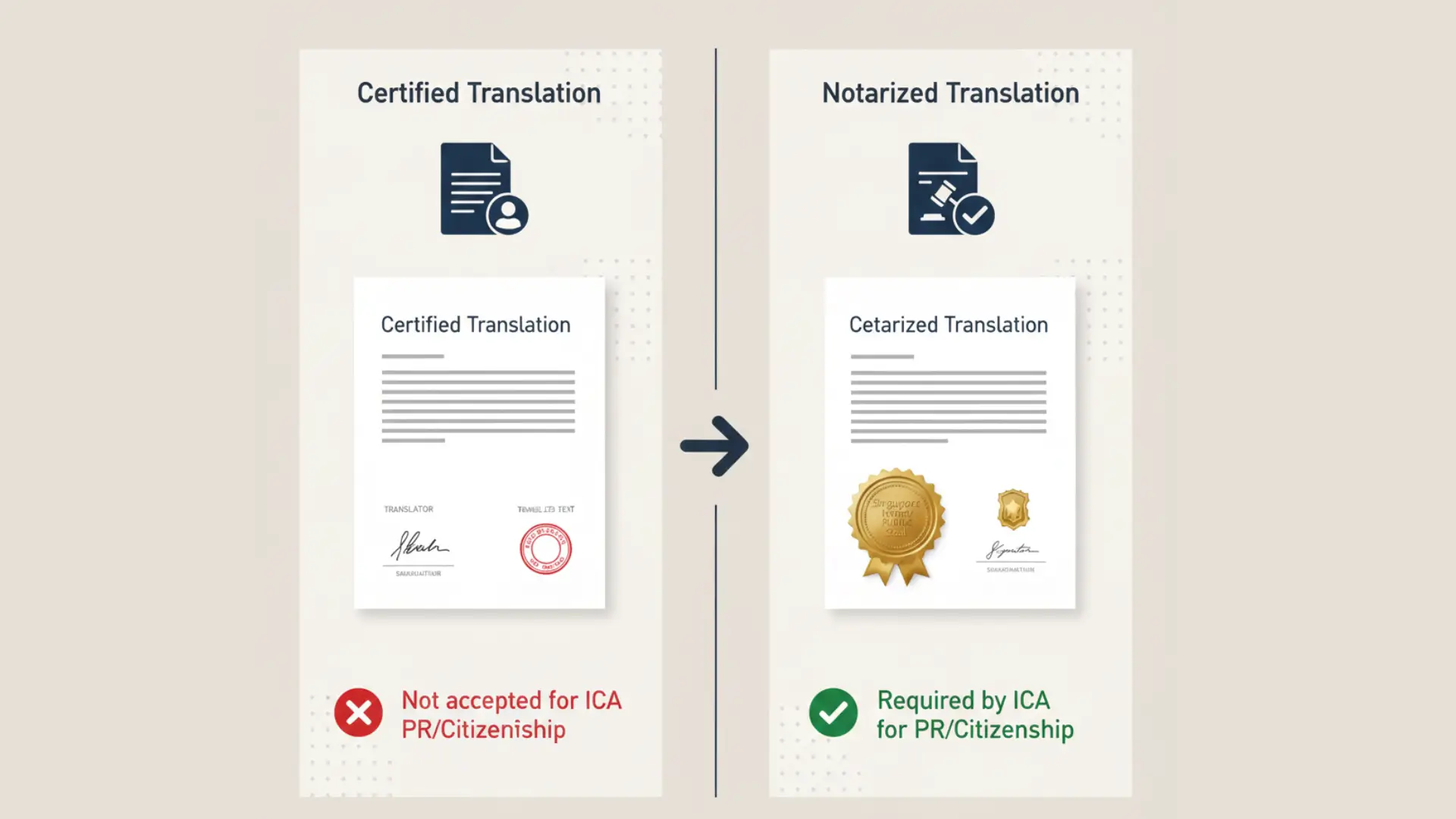 Difference between certified and notarized translation for ICA PR and citizenship