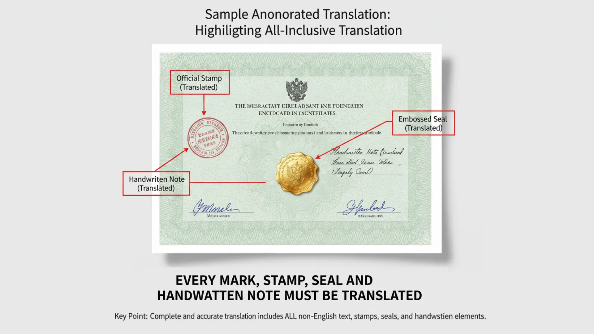 Example showing all stamps seals and handwritten notes translated for ICA compliant documents
