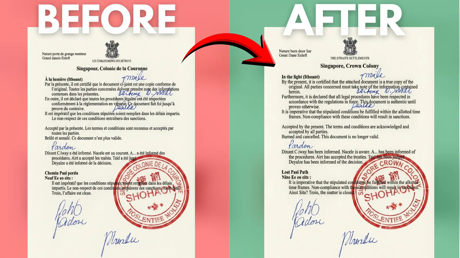 Side‑by‑side comparison of French document titled “Singapore, Colonie de la Couronne” and its English translation “Singapore, Crown Colony,” showing official seals and annotations.