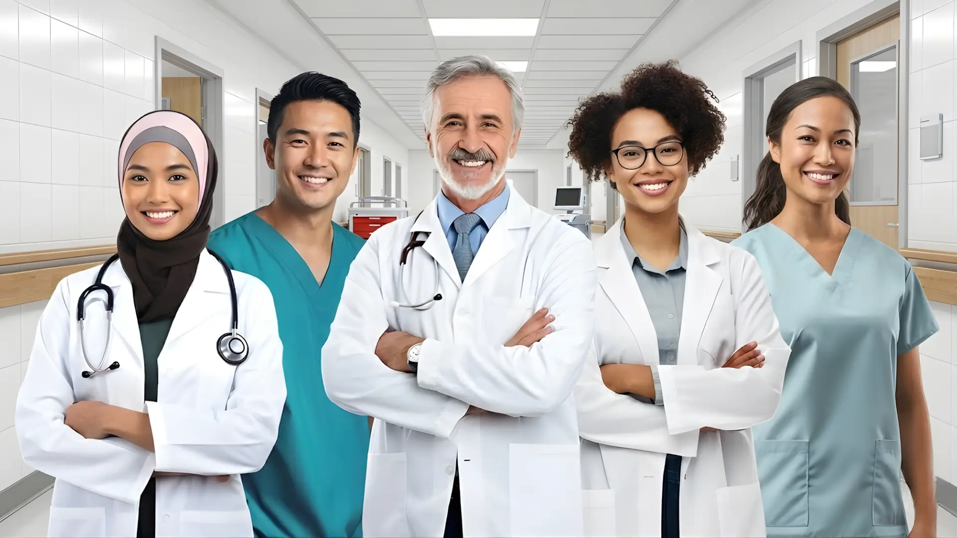 Five healthcare professionals in lab coats and scrubs standing in hospital hallway, diverse group including doctor in hijab and staff with eyeglasses, symbolizing collaboration and inclusivity.
