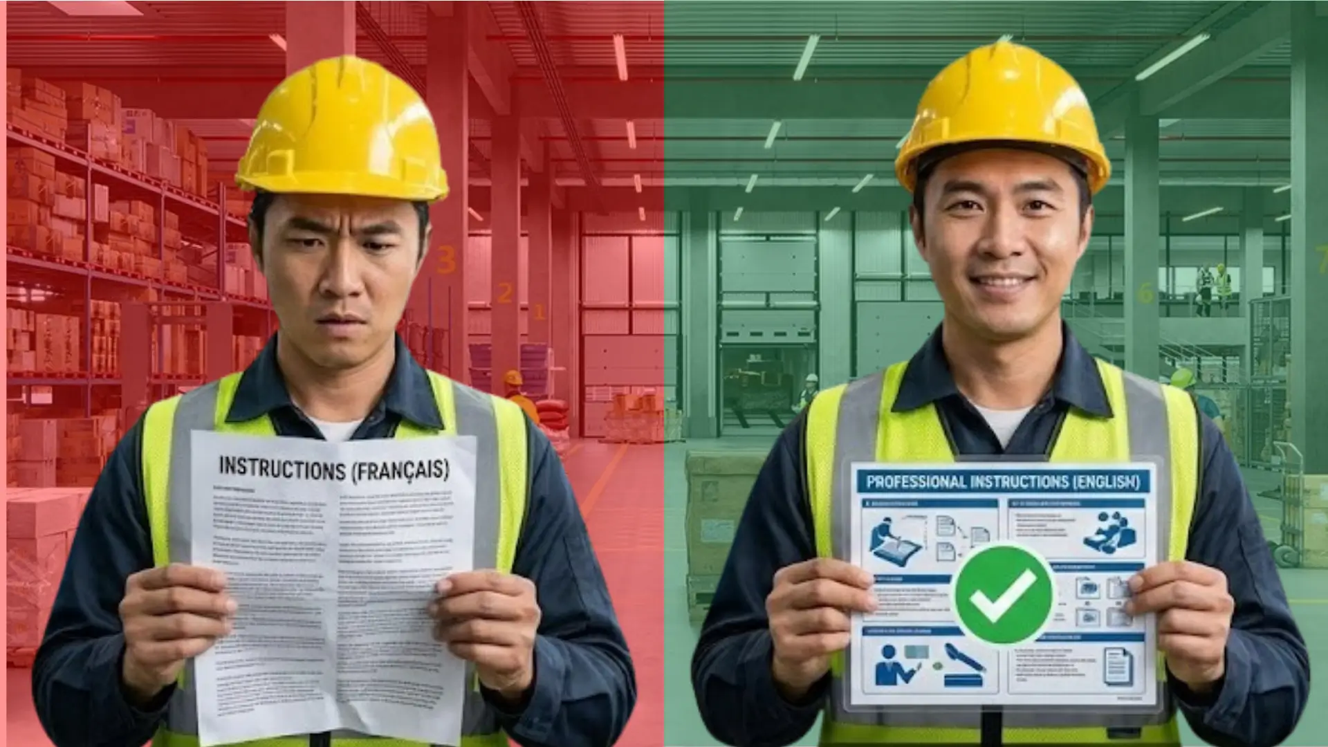 Split image showing worker confused with French instructions on left, and smiling with English professional instructions including diagrams and green checkmark on right, symbolizing clarity in translation.