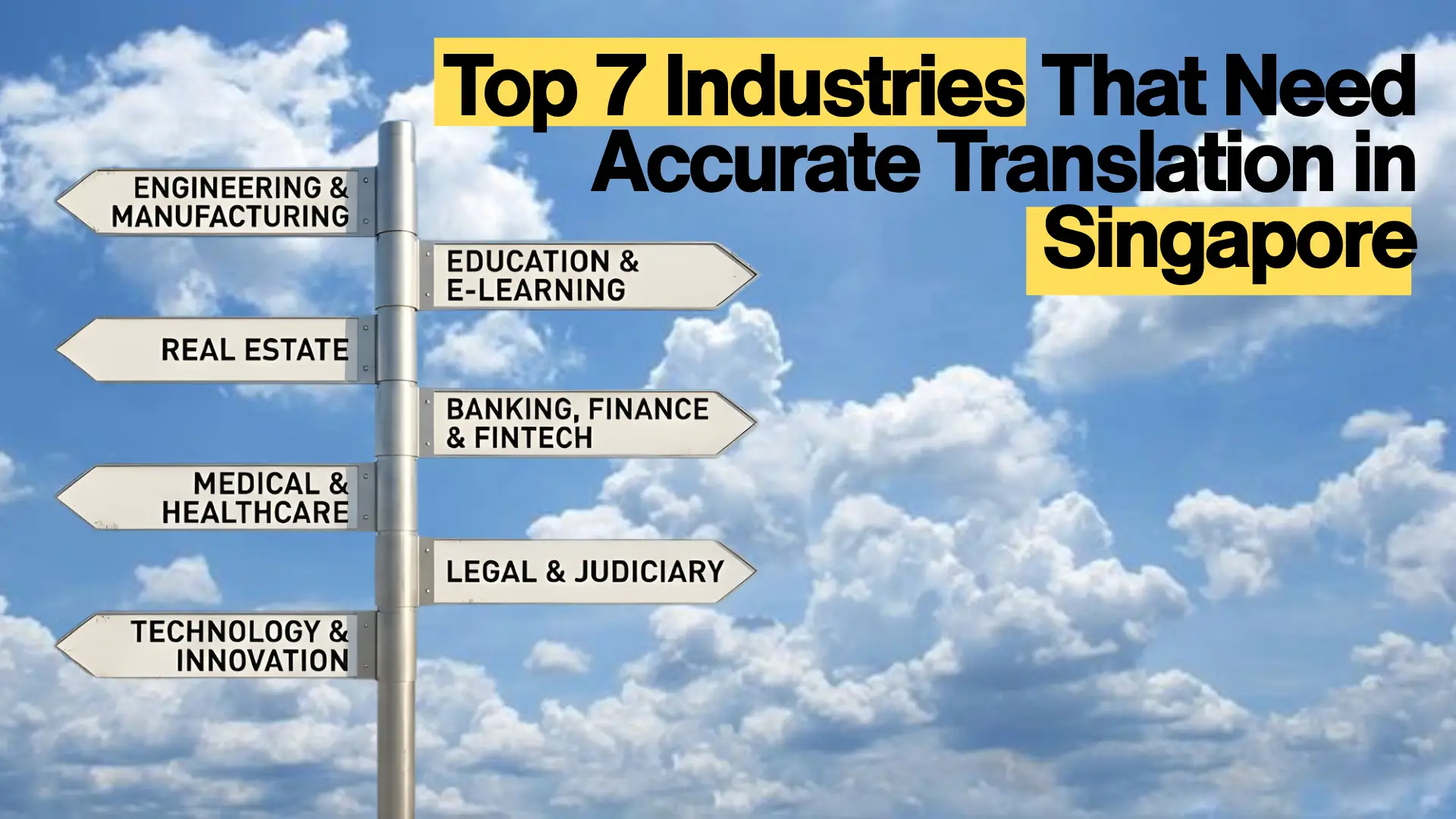 Directional signpost against blue sky with arrows listing industries needing accurate translation in Singapore: engineering, education, real estate, banking, medical, legal, and technology.