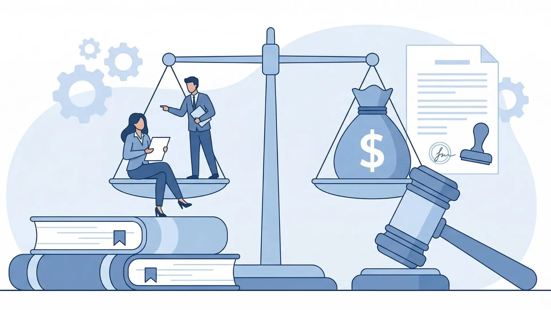 Illustration of a balance scale with business professionals on one side and a money bag on the other, supported by law books. A gavel, signed document, and stamp are shown nearby, with gears in the background symbolizing processes.
