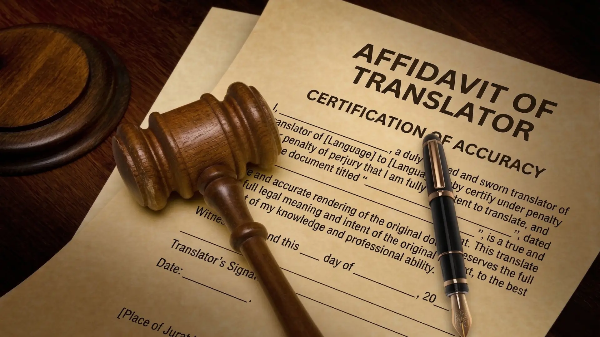 Legal document titled “Affidavit of Translator – Certification of Accuracy” placed on a wooden surface with a judge’s gavel and fountain pen beside it. The form includes spaces for translator details, signatures, and jurat location.