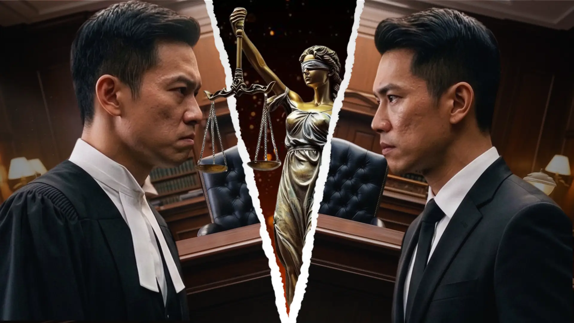 Two individuals facing each other in a courtroom, separated by a torn visual effect featuring Lady Justice holding scales. One wears a judge’s robe, the other a suit, with bookshelves and lamps in the background.