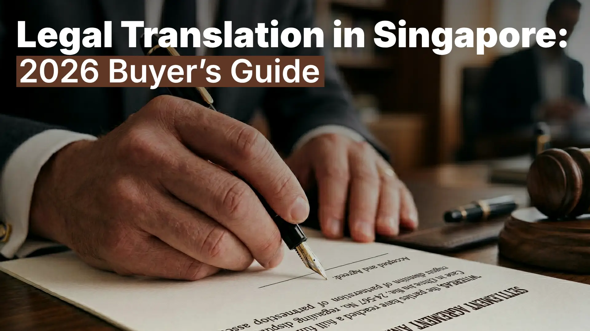 Close-up of a person in formal attire signing a legal document with a fountain pen on a wooden desk, with a gavel nearby. Text overlay reads “Legal Translation in Singapore: 2026 Buyer’s Guide.”