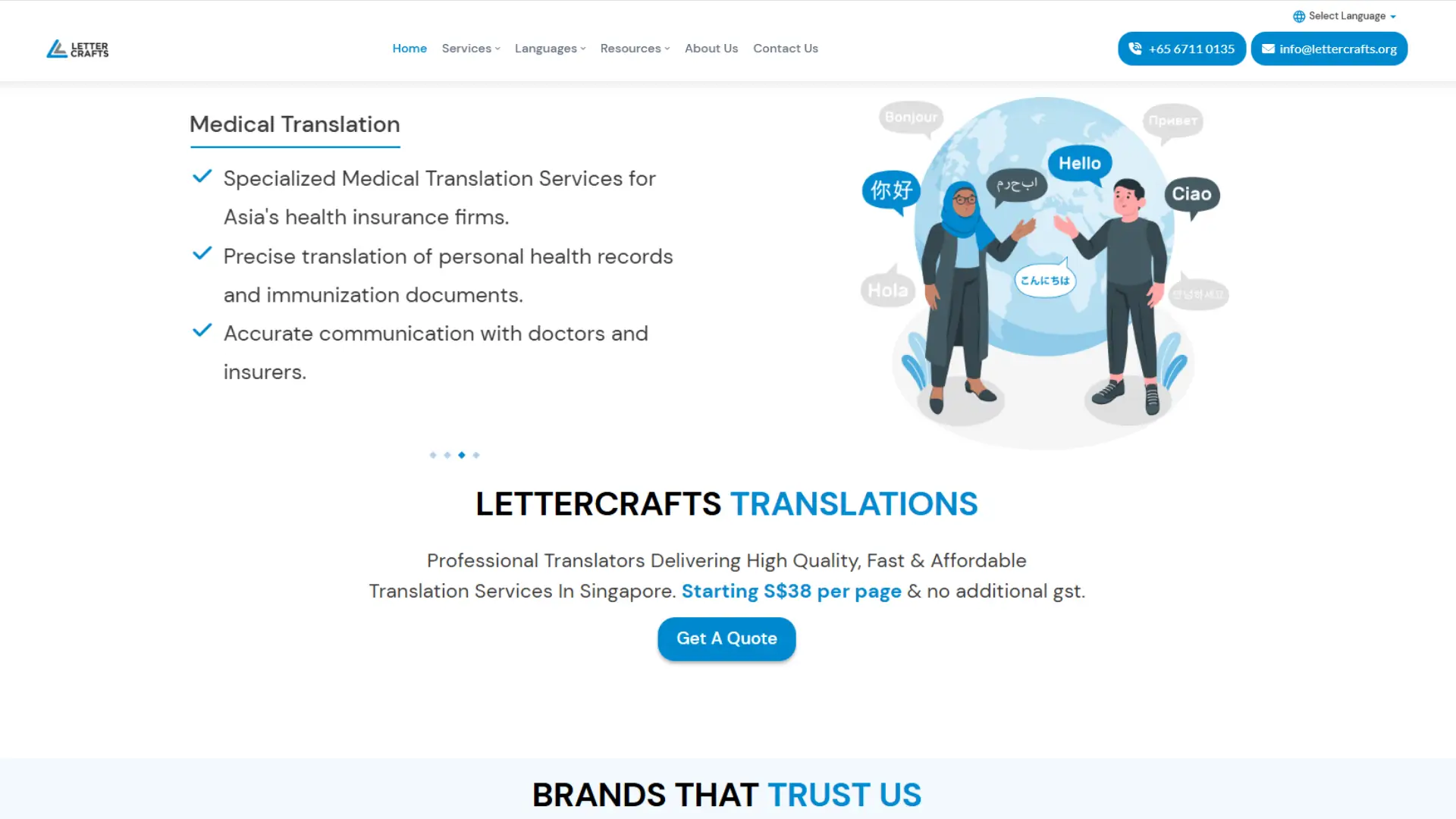 Lettercrafts Translations webpage highlighting medical translation for Asia’s health insurance firms, benefits listed, multilingual greetings illustration, and text “Starting S$38 per page.”
