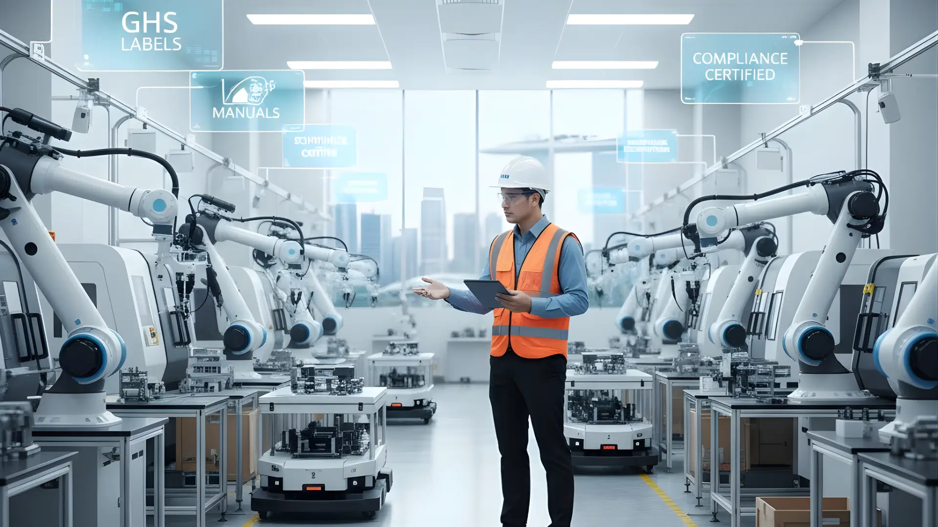 High‑tech factory with robotic arms and worker in safety gear holding tablet, digital overlays showing “GHS Labels,” “Manuals,” and “Compliance Certified.”