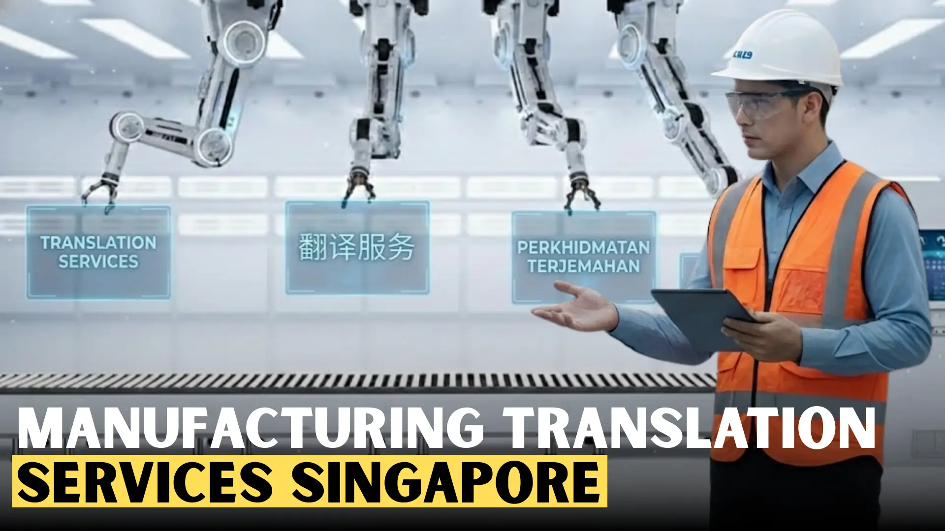 Futuristic factory with robotic arms and worker in safety gear holding tablet, digital panels displaying “Translation Services” in English, Chinese, and Malay, text “Manufacturing Translation Services Singapore.”