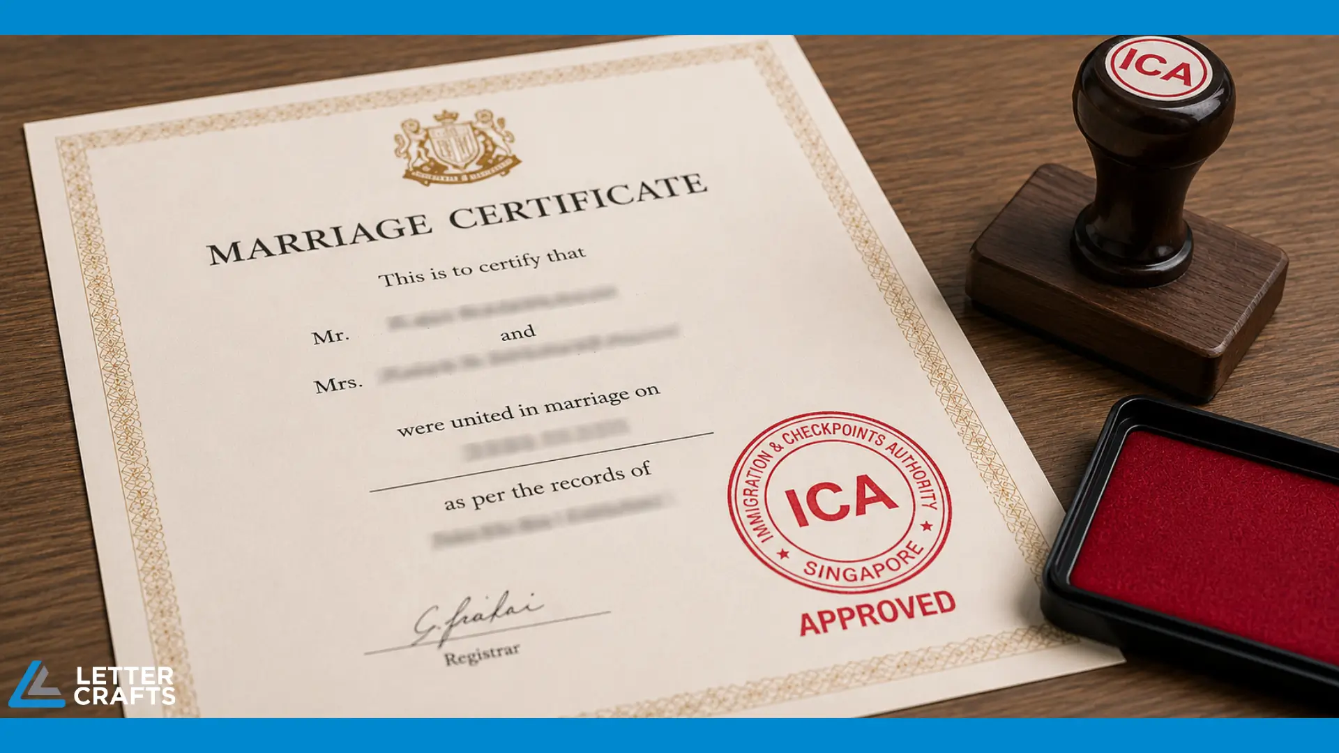 Official Singapore marriage certificate on wooden surface with decorative border, red ICA “Approved” stamp, registrar's signature, and wooden stamp with red ink pad beside it.