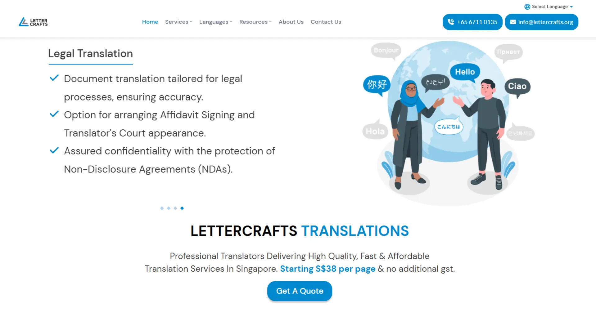 Website page promoting legal translation services with multilingual greetings illustration, service details including affidavits and confidentiality, pricing, and trusted brand logos.