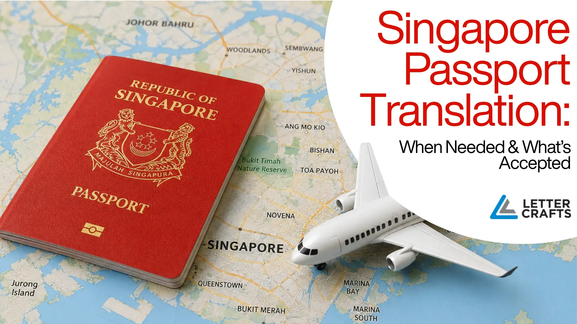 Red Singapore passport placed on map of Singapore with model airplane beside it, overlaid text “Singapore Passport Translation: When Needed & What's Accepted.”