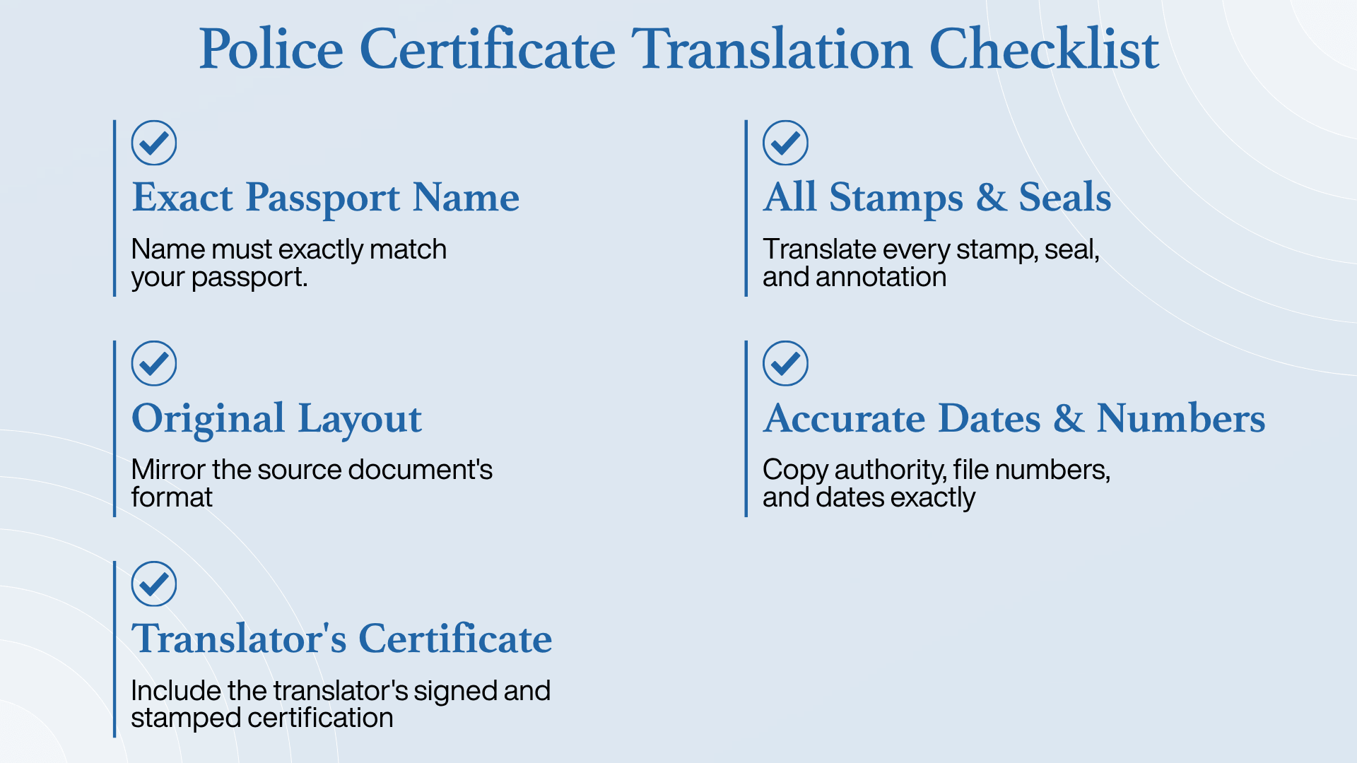 Light blue infographic with five checklist items for police certificate translation: exact passport name, all stamps and seals, original layout, accurate dates and numbers, and translator's certificate.