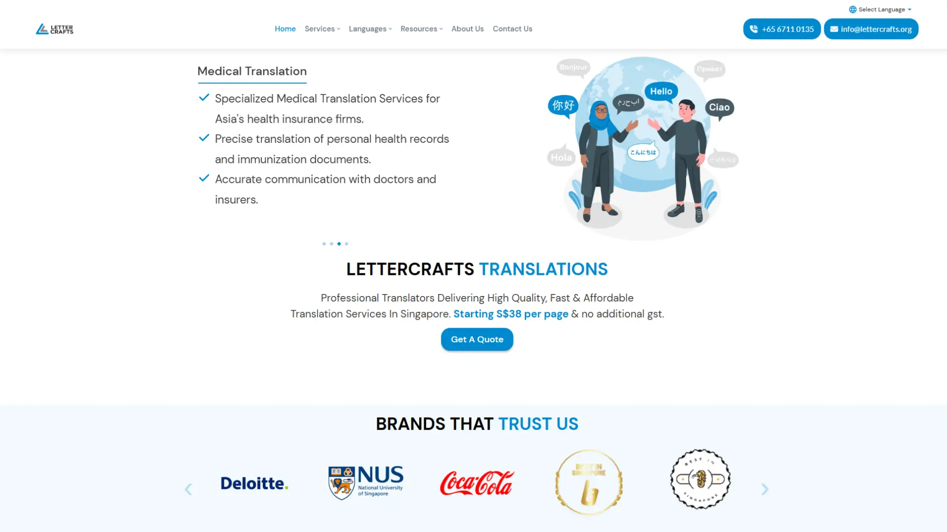 Website page highlighting medical translation services with multilingual greetings illustration, service details for health records and insurance, pricing, and trusted brand logos including Deloitte, NUS, and Coca-Cola.