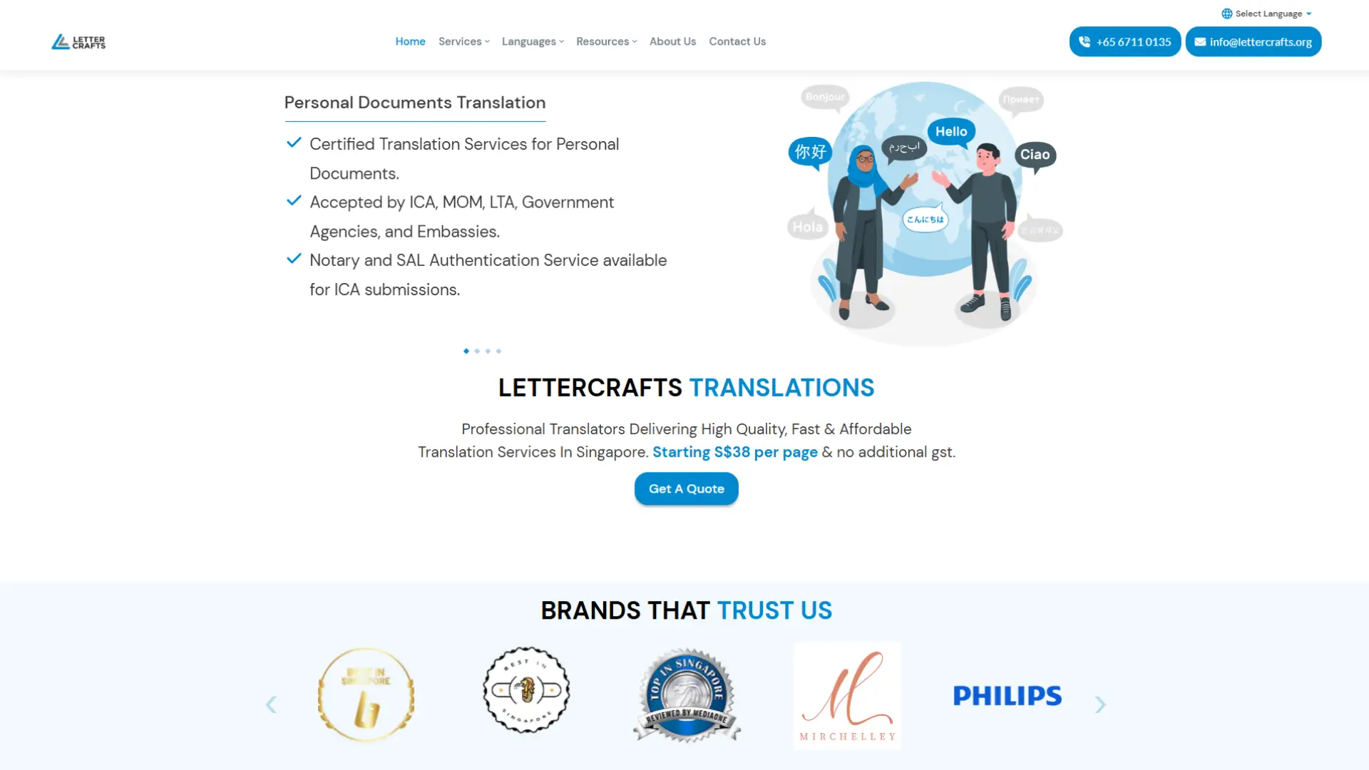 Website page promoting personal document translation services with multilingual greetings illustration, service details, pricing, and trusted brand logos including Philips and Mirchelleley.