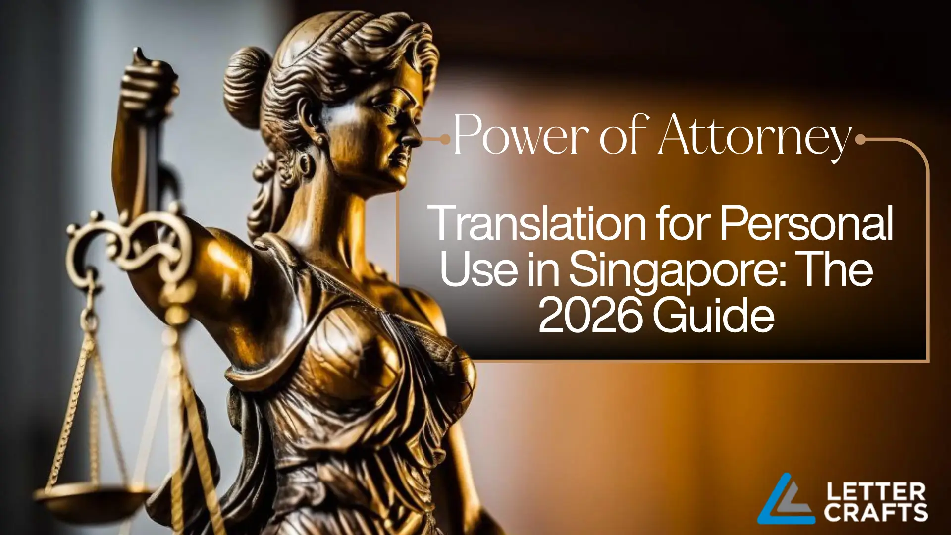 Bronze statue of Lady Justice holding scales with warm lighting, overlaid text “Power of Attorney Translation for Personal Use in Singapore: The 2026 Guide.”