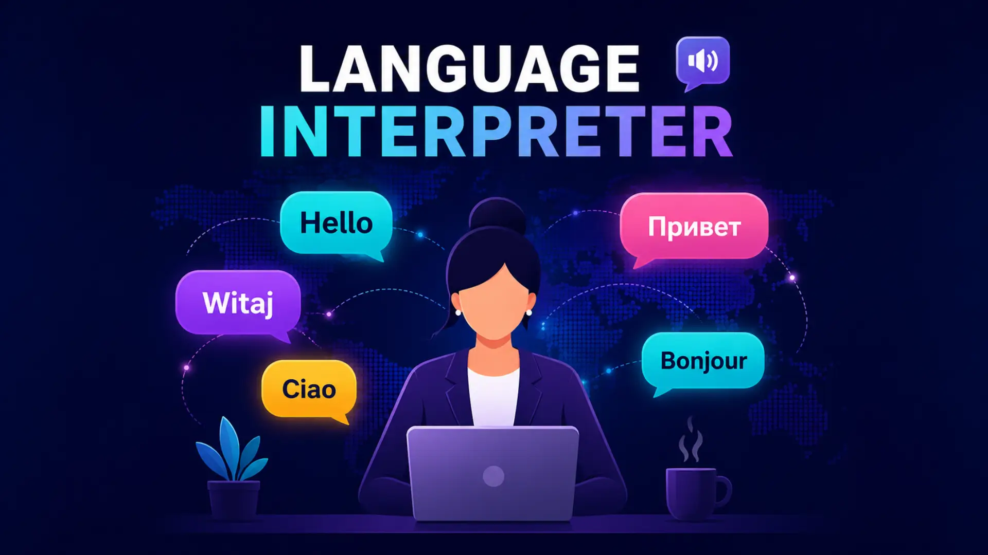 Illustrated person at desk with laptop, potted plant, and cup, surrounded by colorful speech bubbles with greetings in multiple languages. Text at top reads “LANGUAGE INTERPRETER” with speaker icon. Background shows world map with dotted connections.