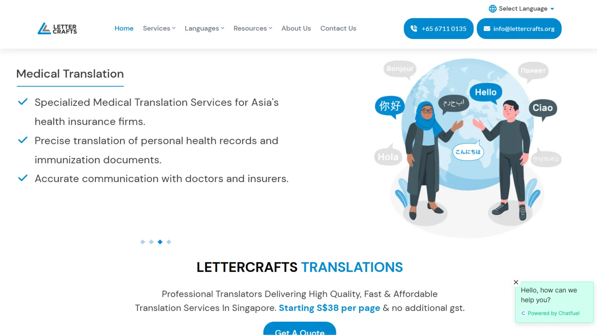 Webpage from Lettercrafts Translations highlighting medical translation services. Header with navigation links, contact info, and illustration of two people greeting in multiple languages. Text promotes specialized medical translation and pricing.