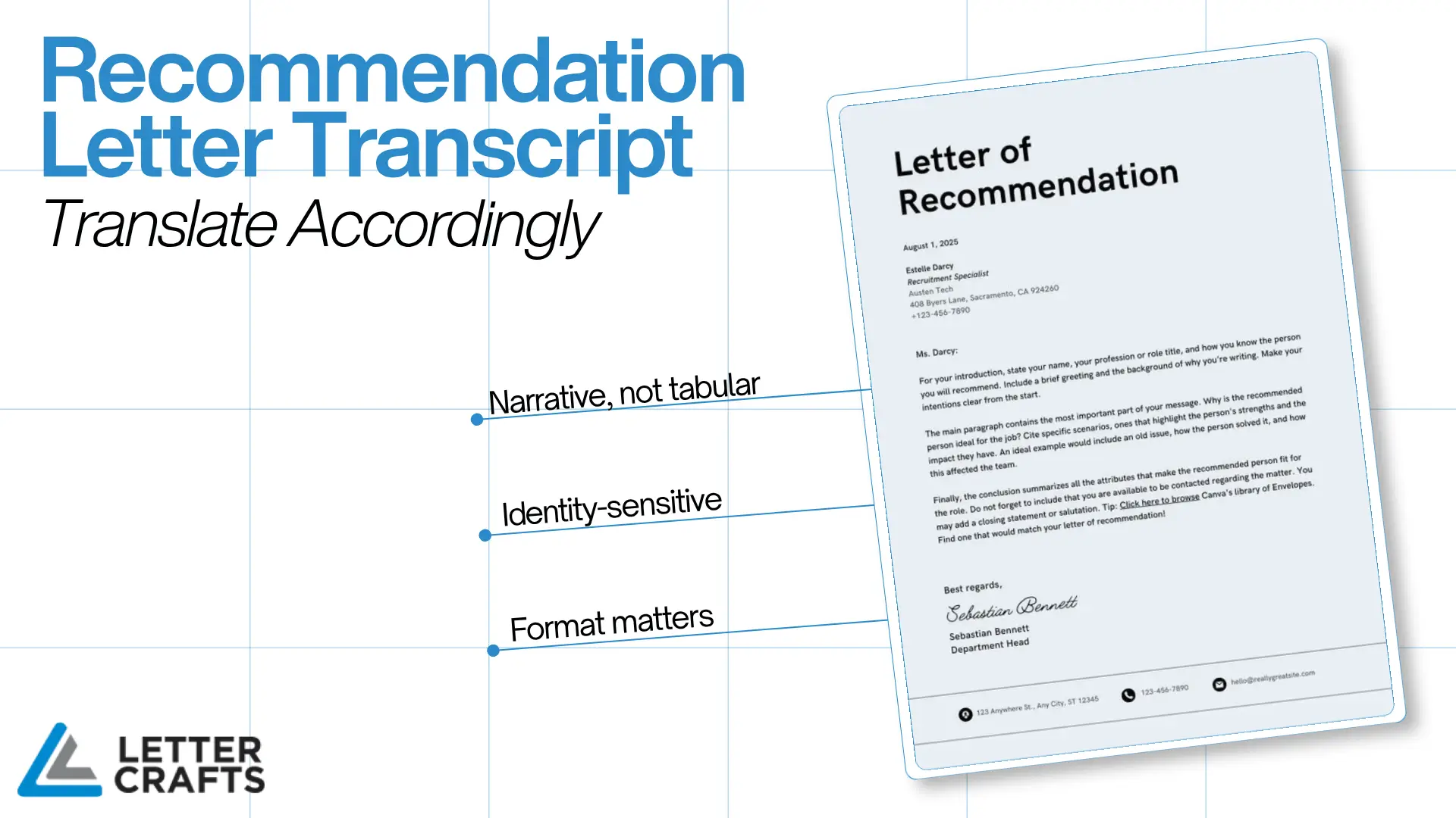 Visual guide with sample recommendation letter and notes highlighting narrative format, identity sensitivity, and importance of layout, titled “Recommendation Letter Transcript - Translate Accordingly.”