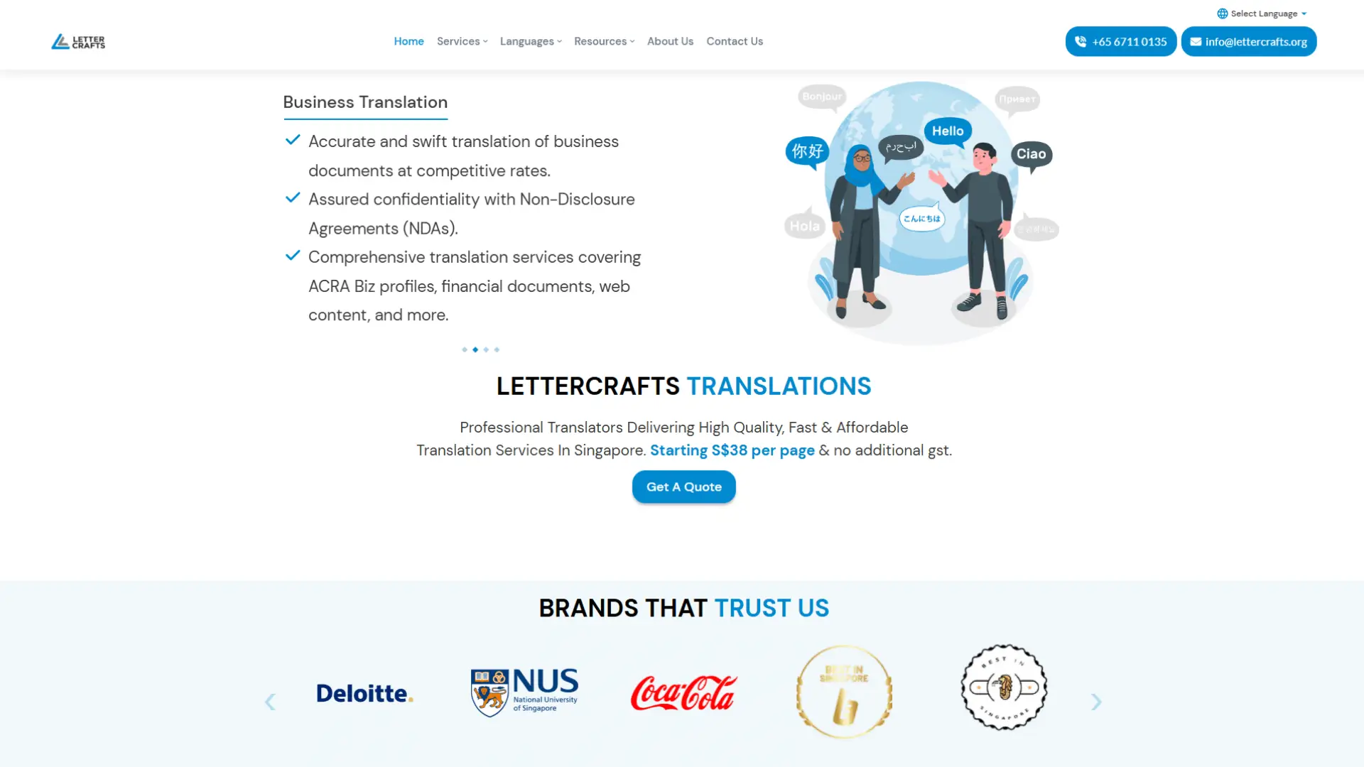 LetterCrafts home-page promoting business translation services with multilingual greetings illustration, service details for business documents and confidentiality, pricing, and trusted brand logos including Deloitte, NUS, and Coca-Cola.
