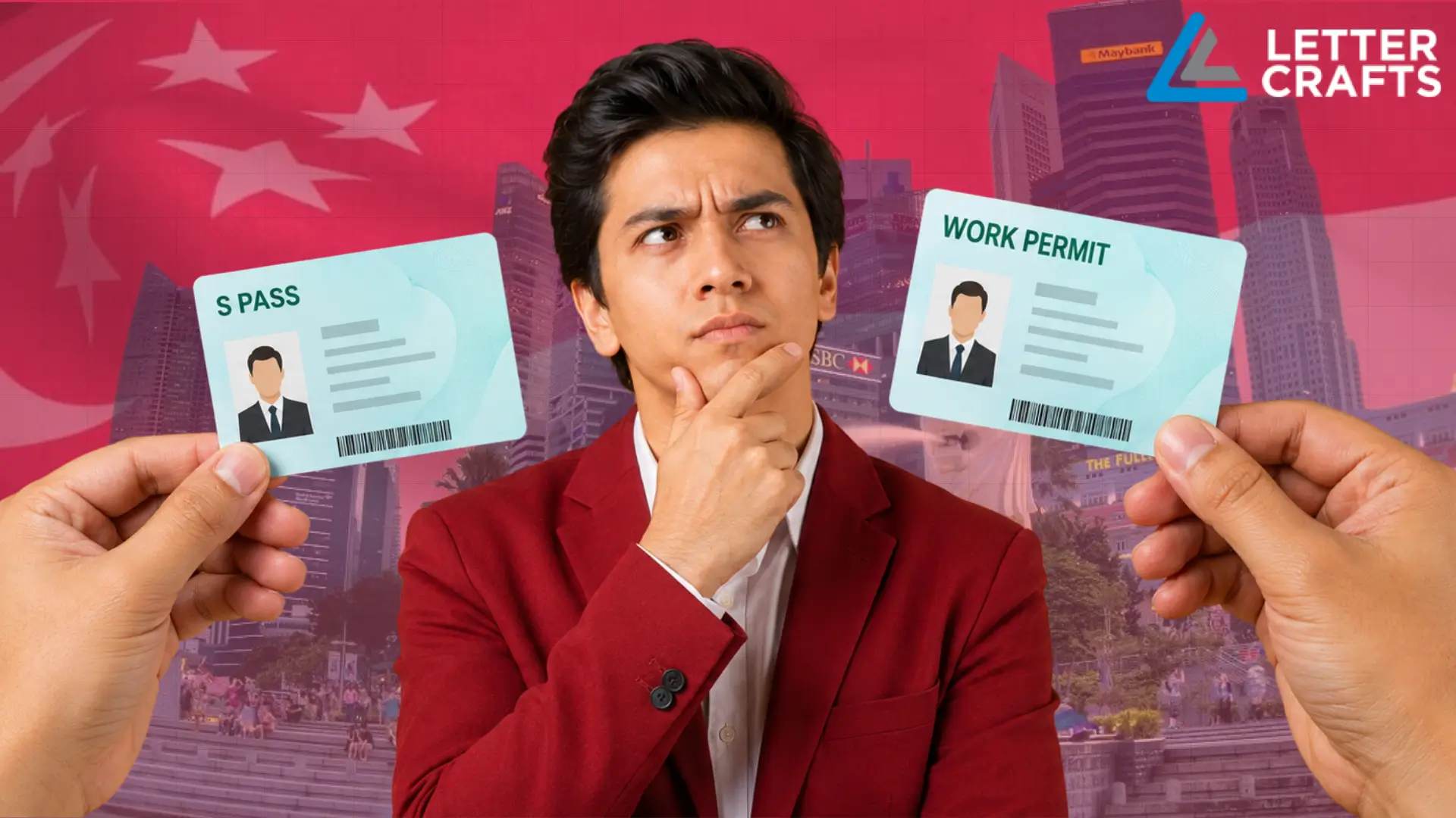 Person in red blazer standing before Singapore skyline and flag, flanked by two hands holding cards labeled “S Pass” and “Work Permit,” symbolizing employment pass comparison.
