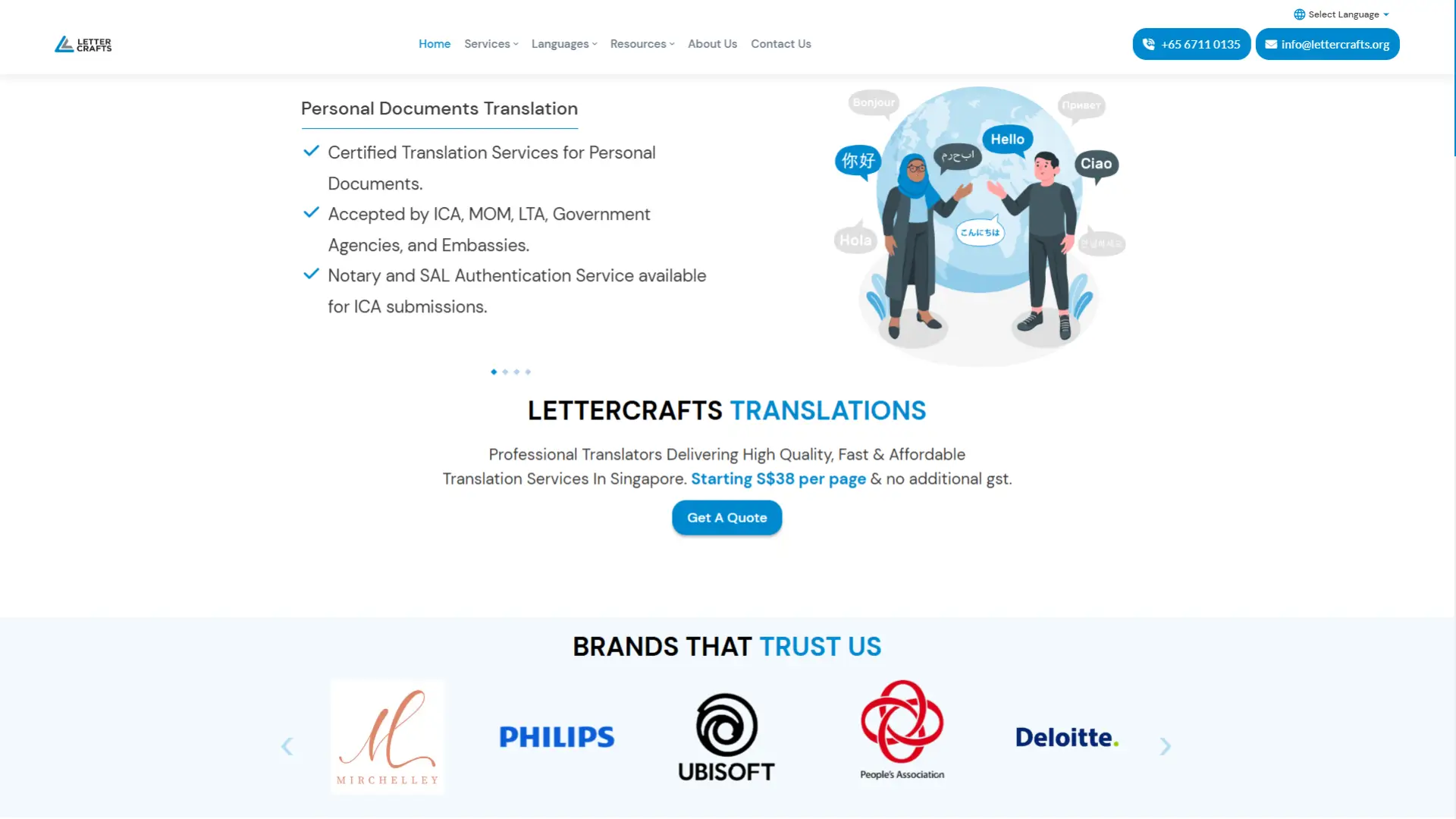 Website page promoting personal document translation services with multilingual greetings illustration, service details, pricing, and trusted brand logos including Philips, Ubisoft, and Deloitte.