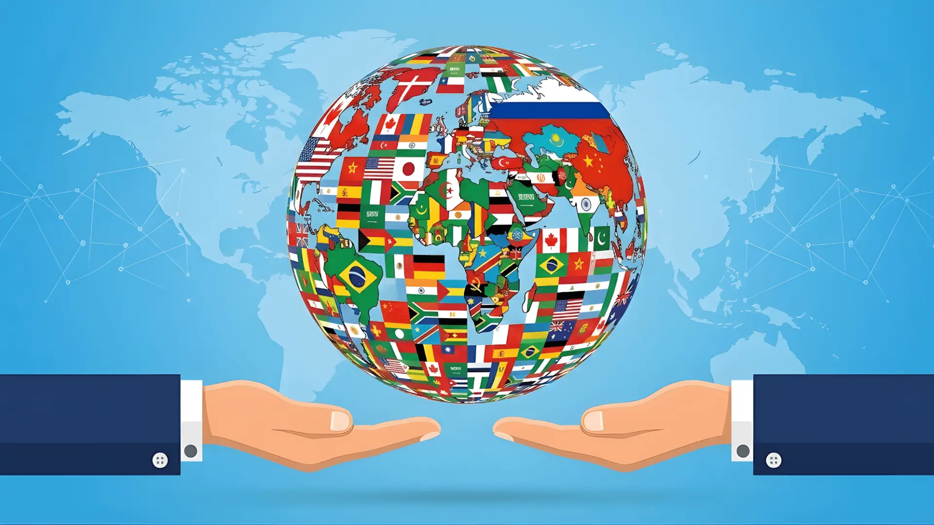 Digitally illustrated globe covered with national flags held by two stylized hands, background world map with interconnected nodes, symbolizing global cooperation and connectivity.