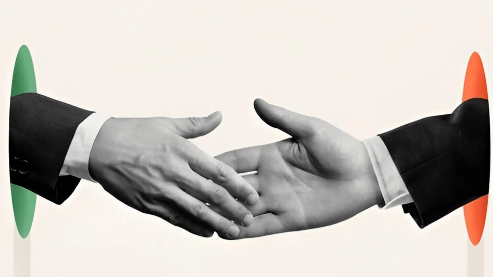 Illustration of two hands in black suit jackets reaching for handshake through green and orange circular portals, symbolizing collaboration and agreement across spaces.