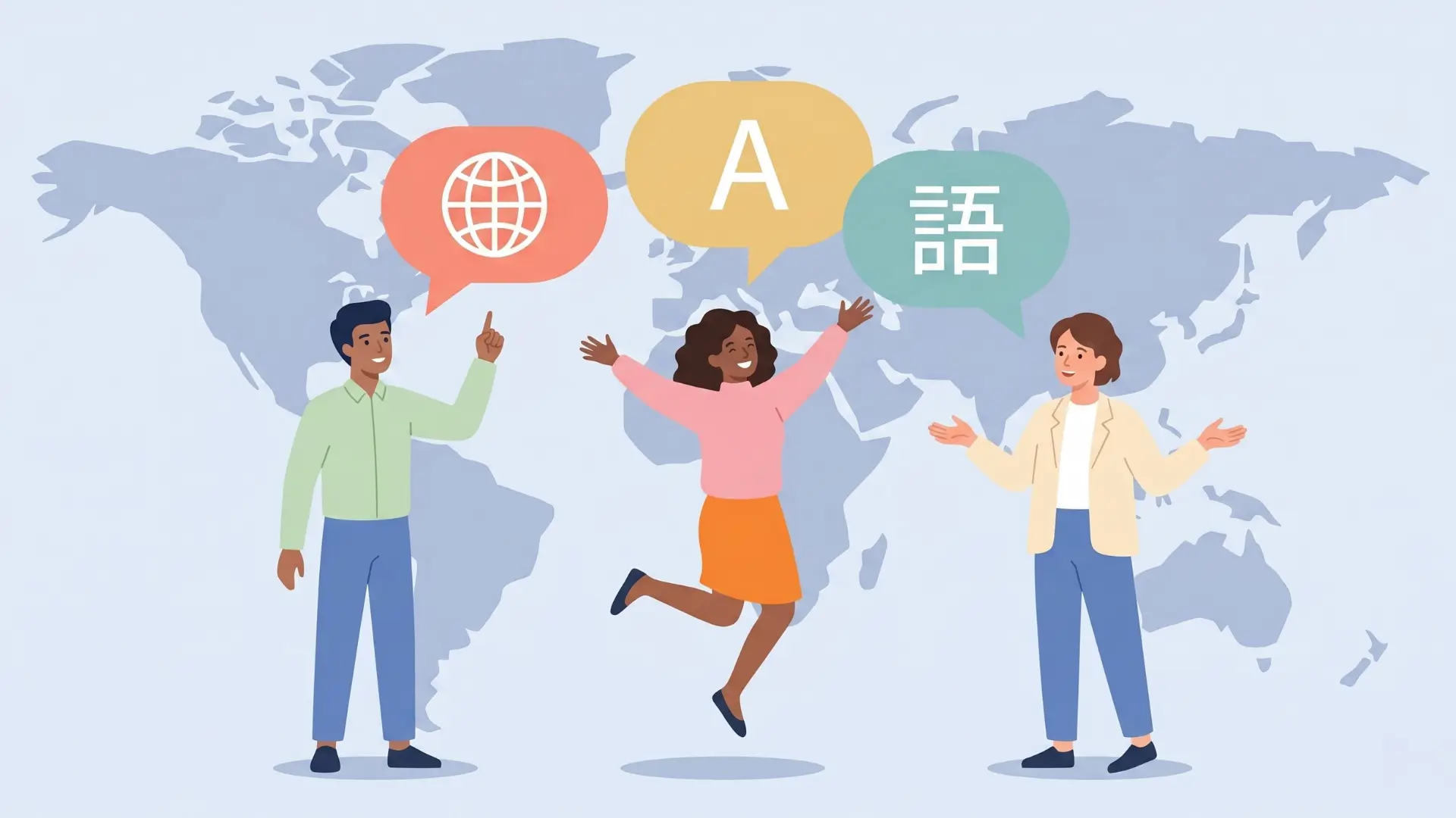 Illustration of three people in front of a world map, each with colorful speech bubbles: globe icon, letter “A,” and East Asian script symbol. Central person jumps with raised arms, others gesture in friendly poses.