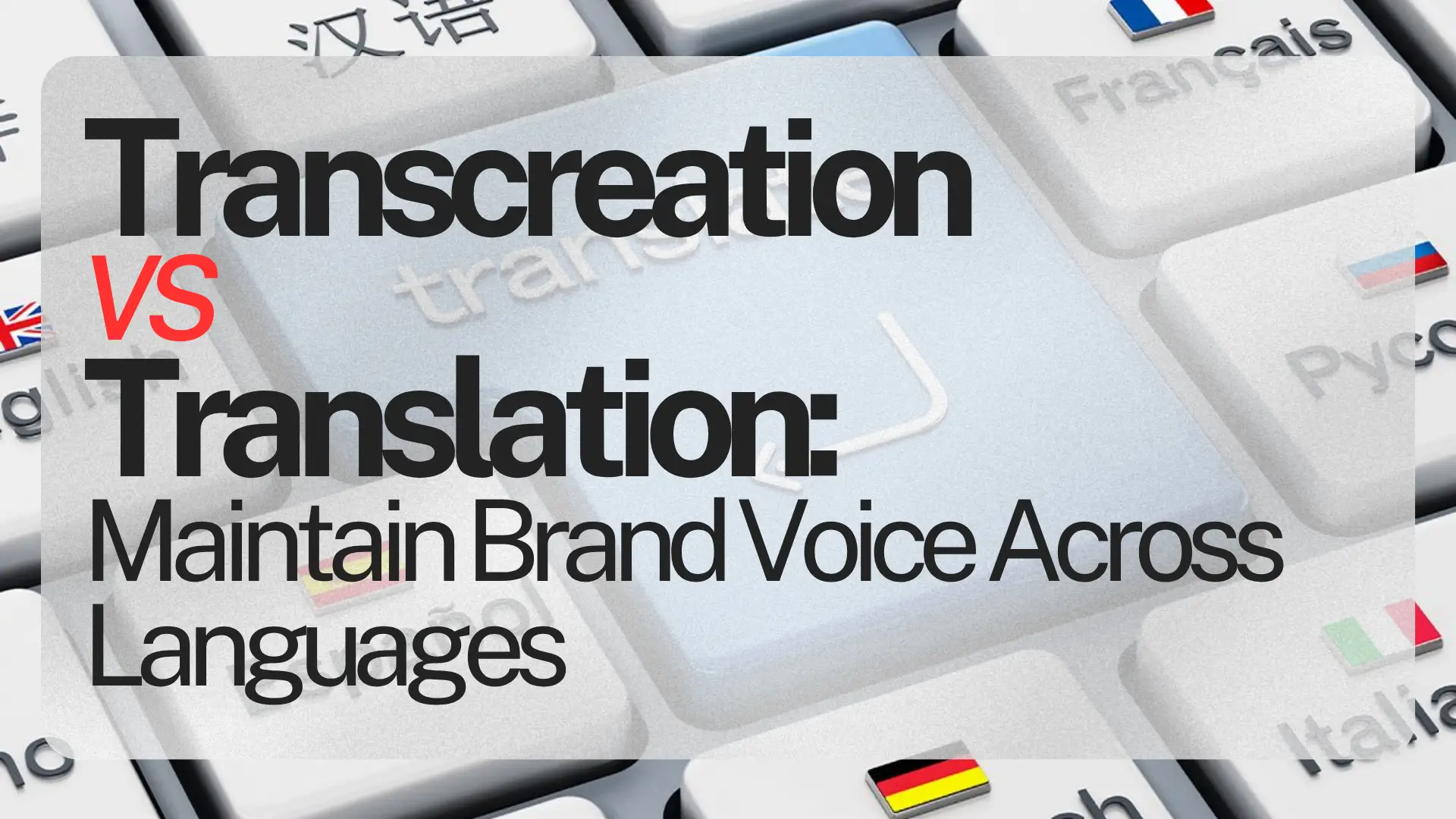 Close-up of computer keyboard with keys labeled in multiple languages and national flags. Overlaid text reads “Transcreation VS Translation: Maintain Brand Voice Across Languages.”
