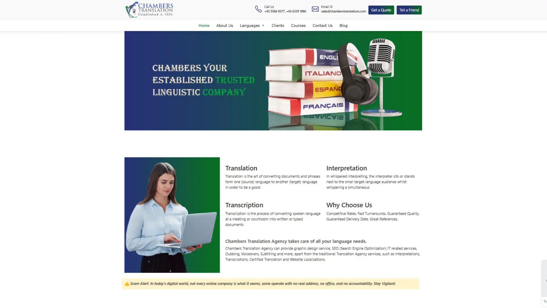 Chambers Translation homepage featuring multilingual books, headphones, and microphone imagery, promoting translation, interpretation, transcription, and localization services since 1995, with emphasis on competitive rates, fast turnaround, and trusted quality.