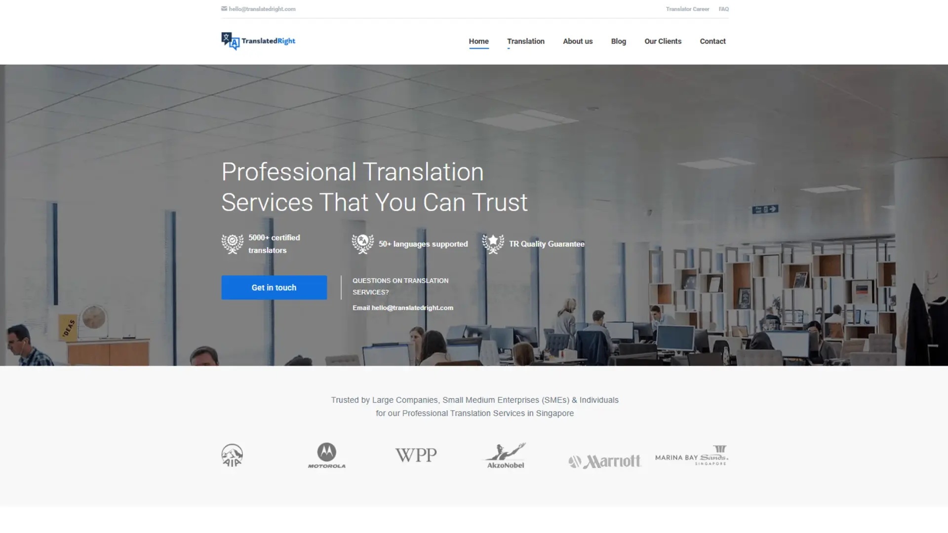 TranslatedRight homepage featuring modern office background with tagline “Professional Translation Services That You Can Trust,” icons for 5000+ certified translators, 50+ languages, TR Quality Guarantee, and logos of major clients like AIA, Motorola, Marriott, and Marina Bay Sands.