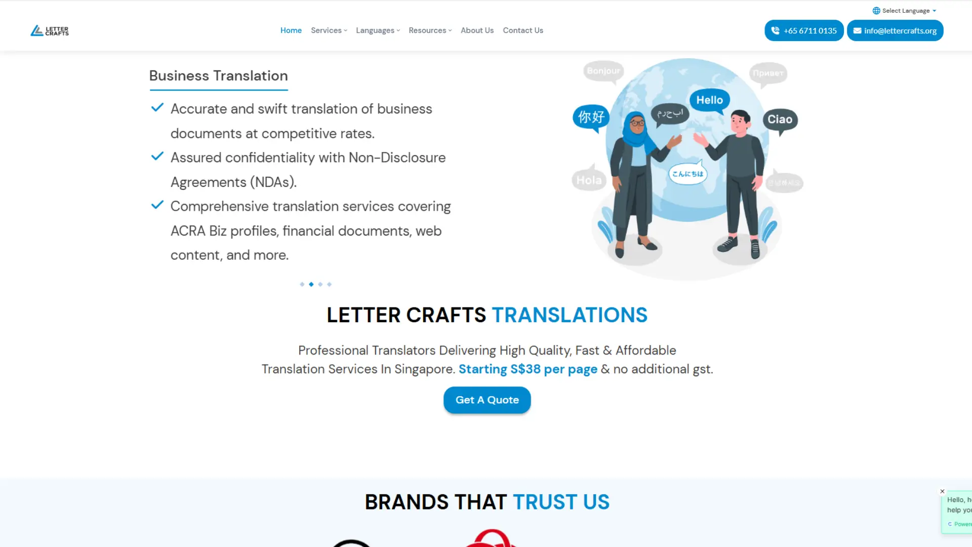LetterCrafts Business Translation service page highlighting multilingual greetings, affordable rates starting at S$38 per page, NDA confidentiality, and translation of business documents such as ACRA profiles, financial reports, and web content.
