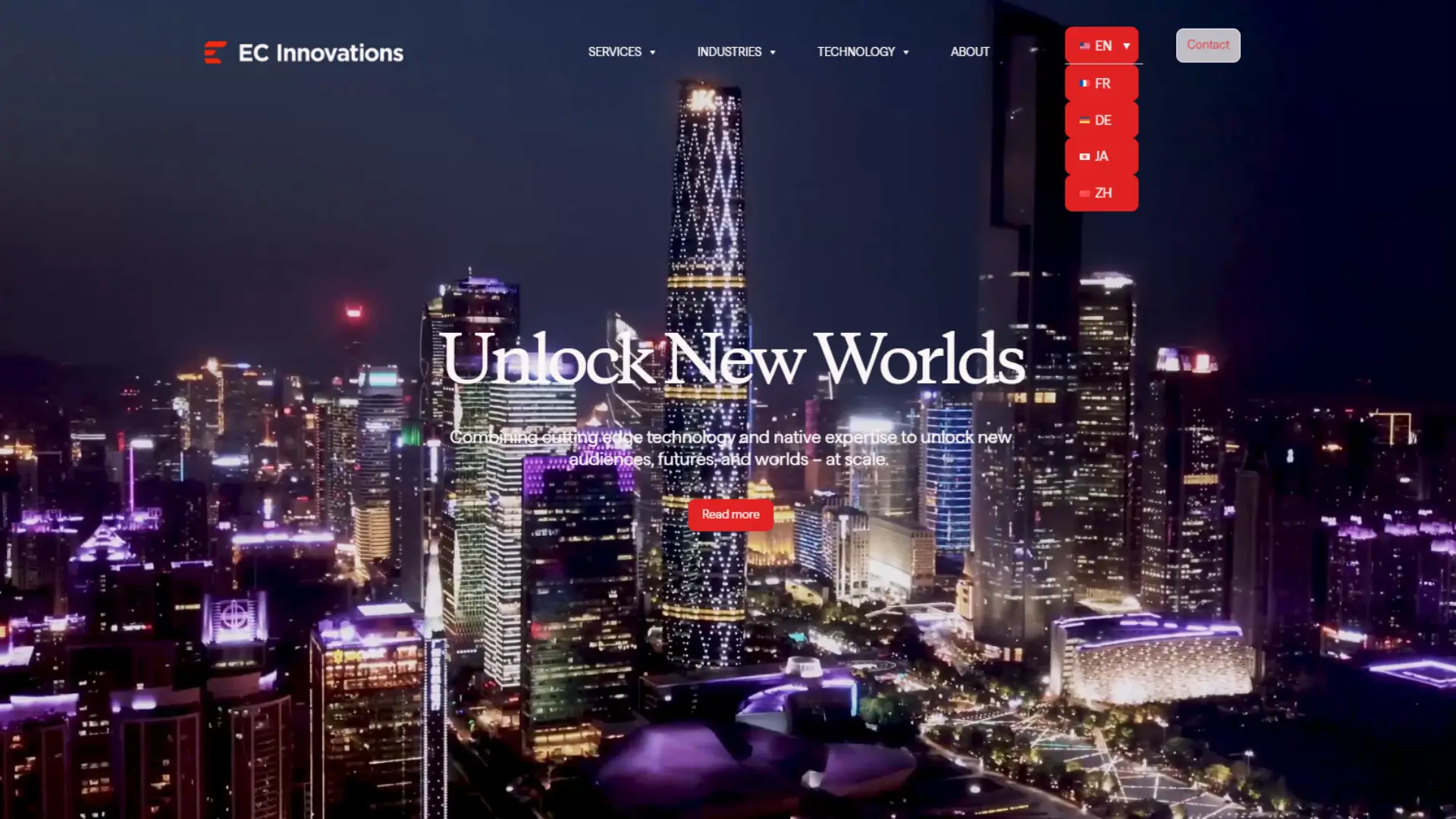 EC Innovations homepage with illuminated cityscape background and tagline “Unlock New Worlds,” promoting global reach through cutting‑edge technology and native expertise, with navigation for services, industries, and technology.