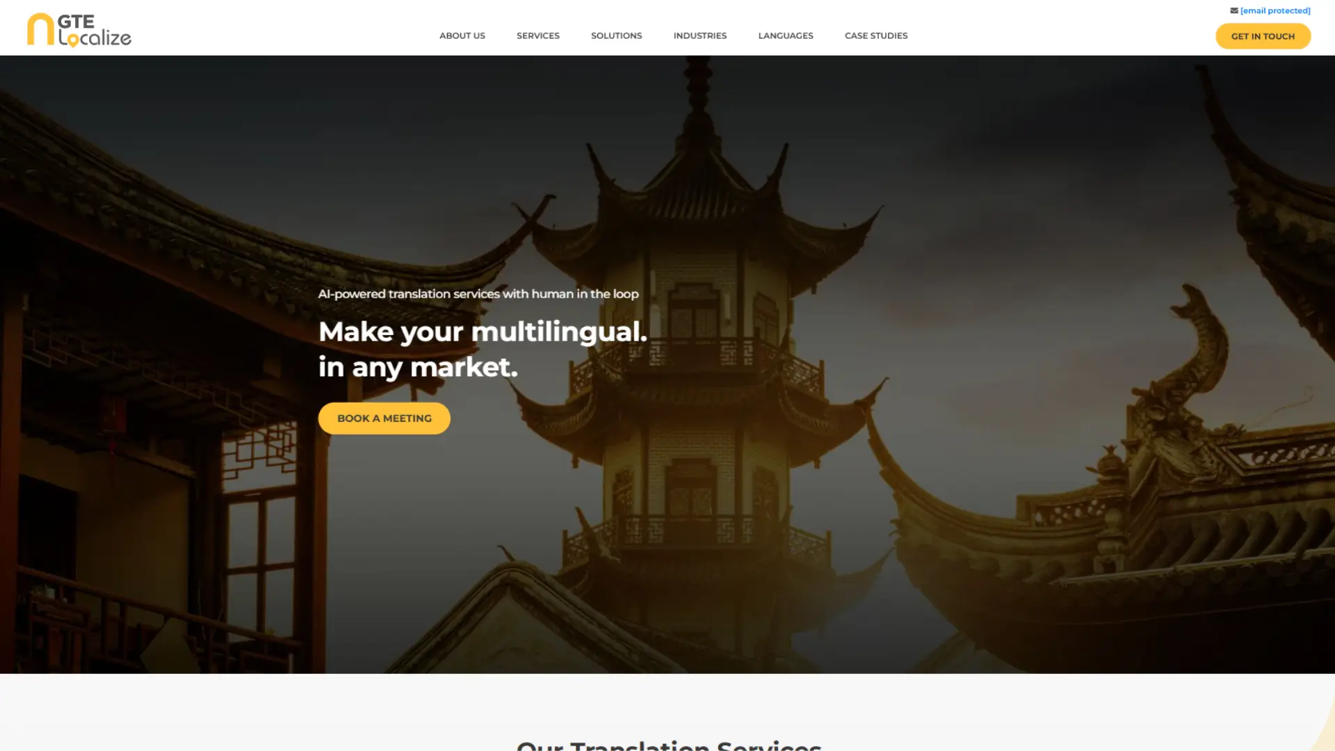 GTE Localize homepage featuring East Asian architecture and tagline “AI‑powered translation services with human in the loop,” offering multilingual solutions with a “Book a Meeting” call‑to‑action.