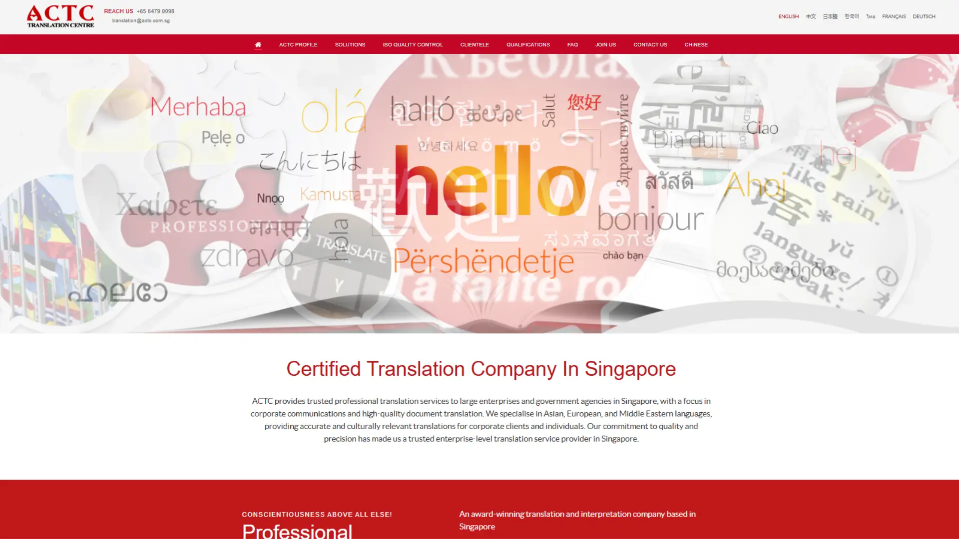 ACTC Translation Centre homepage showcasing “hello” in multiple languages, emphasizing certified translation services in Singapore for enterprises and government agencies, with expertise across Asian, European, and Middle Eastern languages.