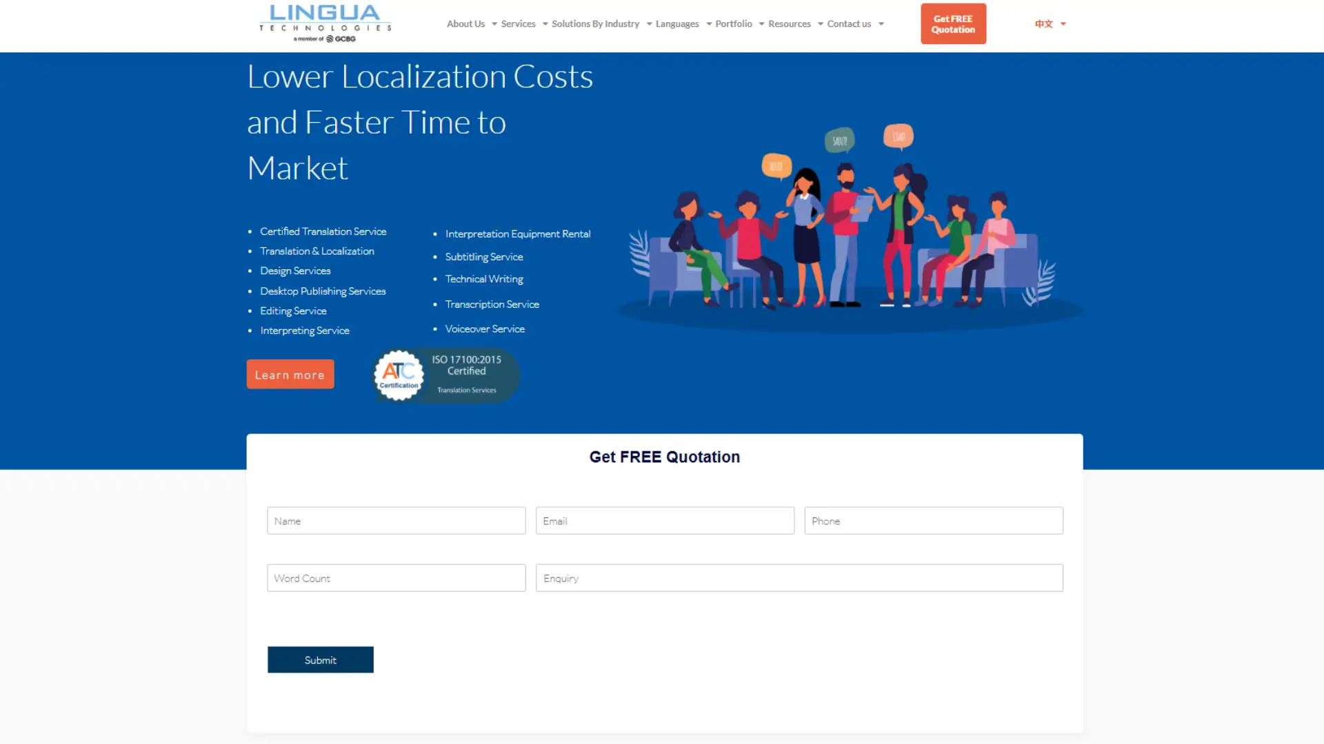 Lingua Technologies homepage promoting ISO‑certified translation and localization services, highlighting cost efficiency and faster time to market, with offerings such as certified translation, desktop publishing, interpreting, subtitling, transcription, and voiceover services.