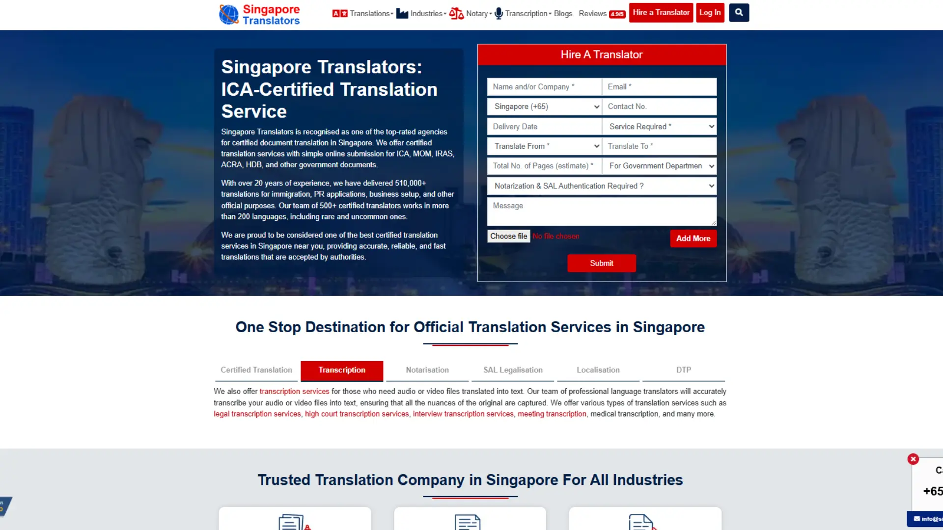 Singapore Translators website highlighting ICA‑certified translation services with over 20 years of experience, 510,000+ translations delivered, and a team of 500+ certified translators covering 200+ languages, featuring a “Hire a Translator” form.