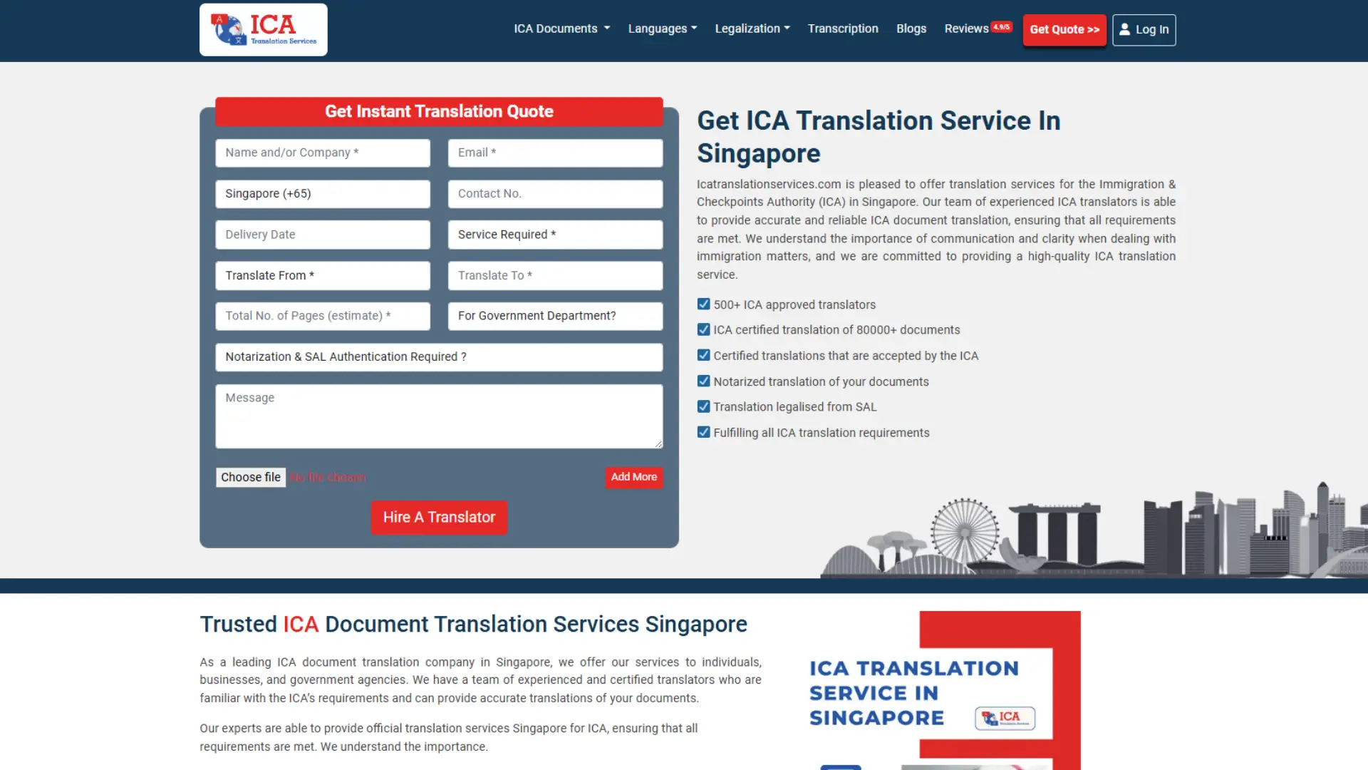ICA Translation Services webpage offering certified translations for immigration and government documents in Singapore, with 500+ ICA‑approved translators, notarization, SAL legalization, and instant quote submission form.