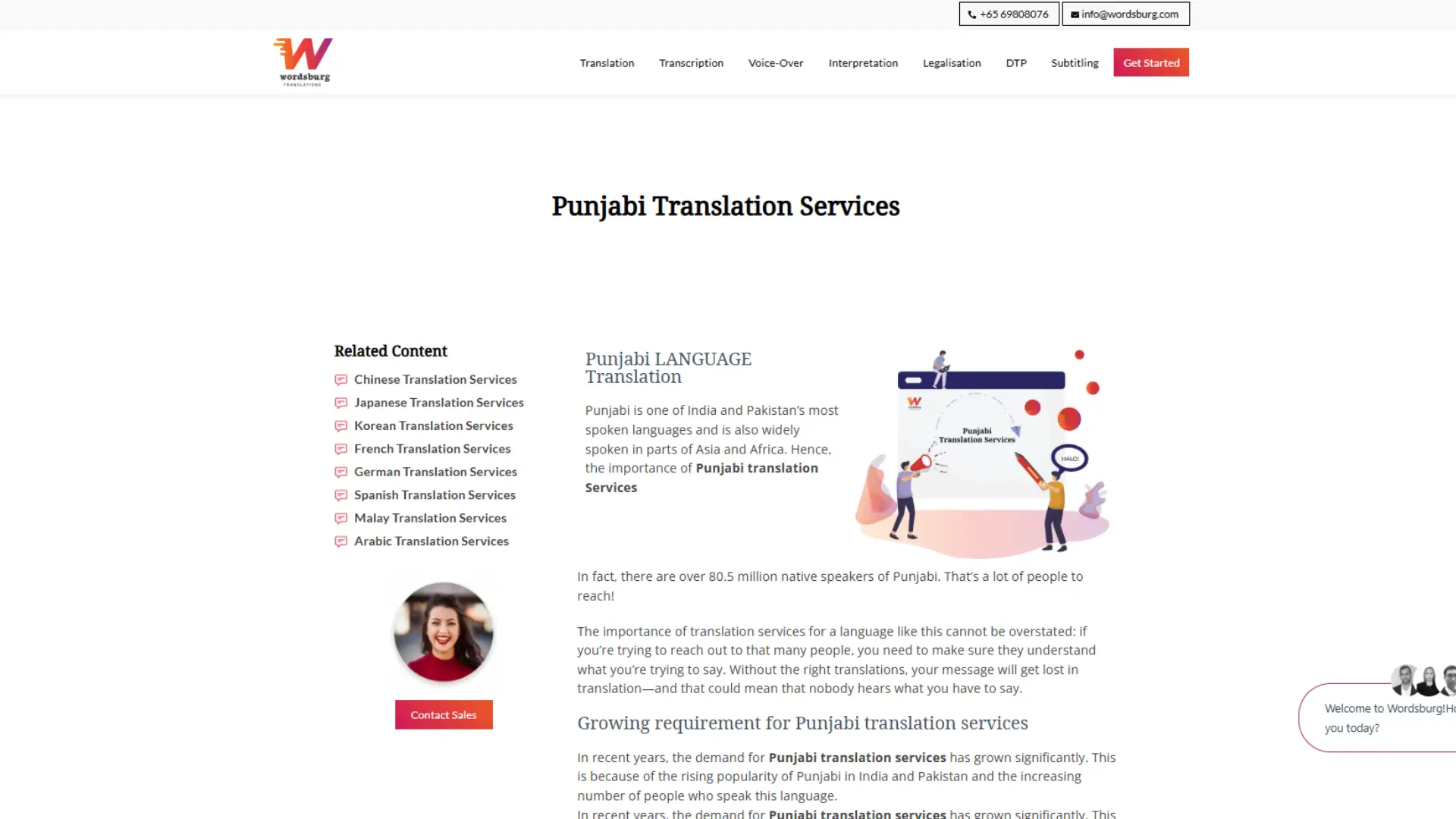 Wordsburg Translations page, explaining the importance of reaching 80.5 million native speakers, with related services in Chinese, Japanese, Korean, French, German, Spanish, Malay, and Arabic.