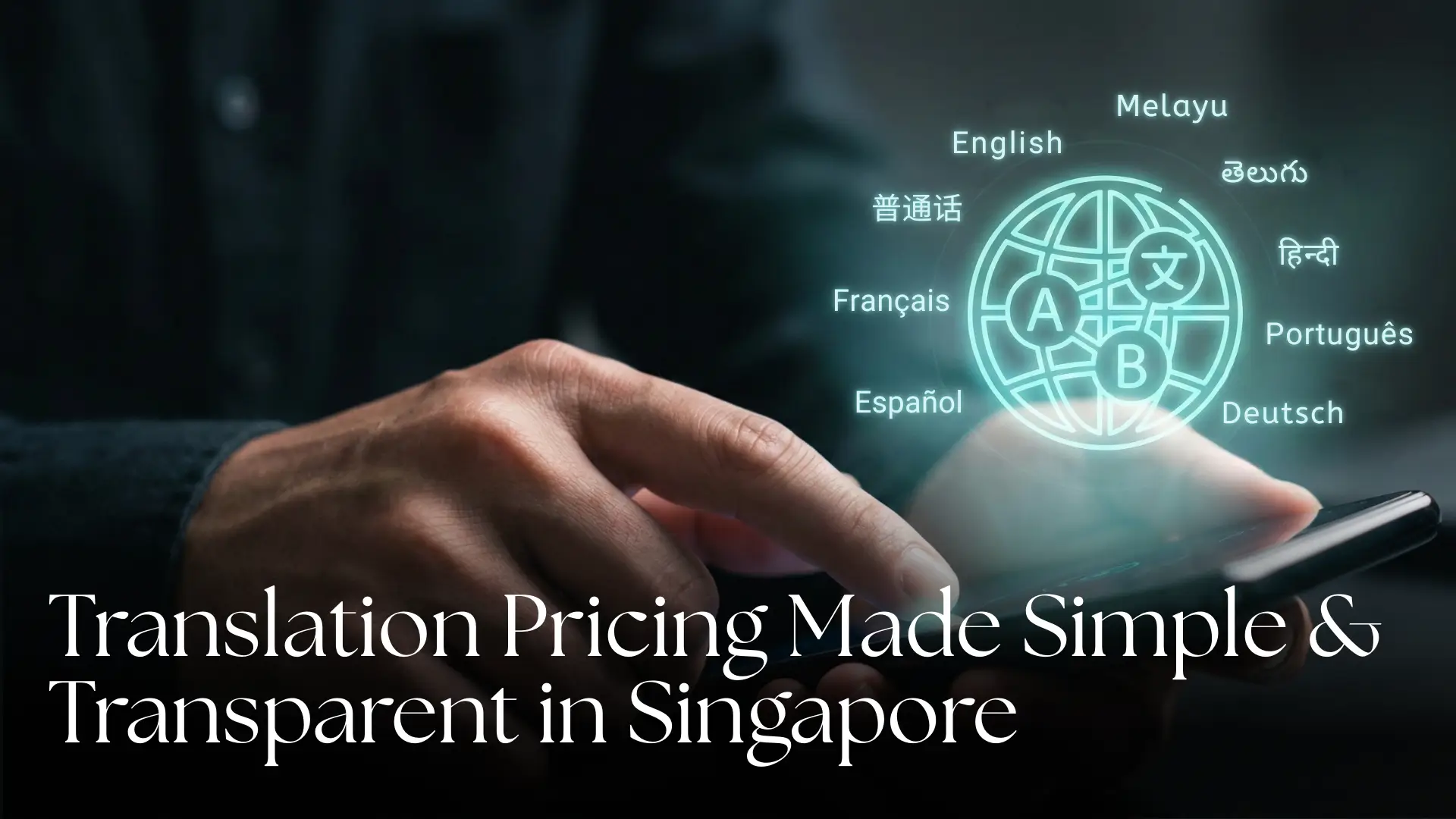 Person holding a smartphone with a digital overlay of a globe and multilingual translation icons. Surrounding text displays languages including English, Mandarin, French, Spanish, Malay, Telugu, Hindi, Portuguese, and German. Caption at the bottom reads: 'Translation Pricing Made Simple & Transparent in Singapore.