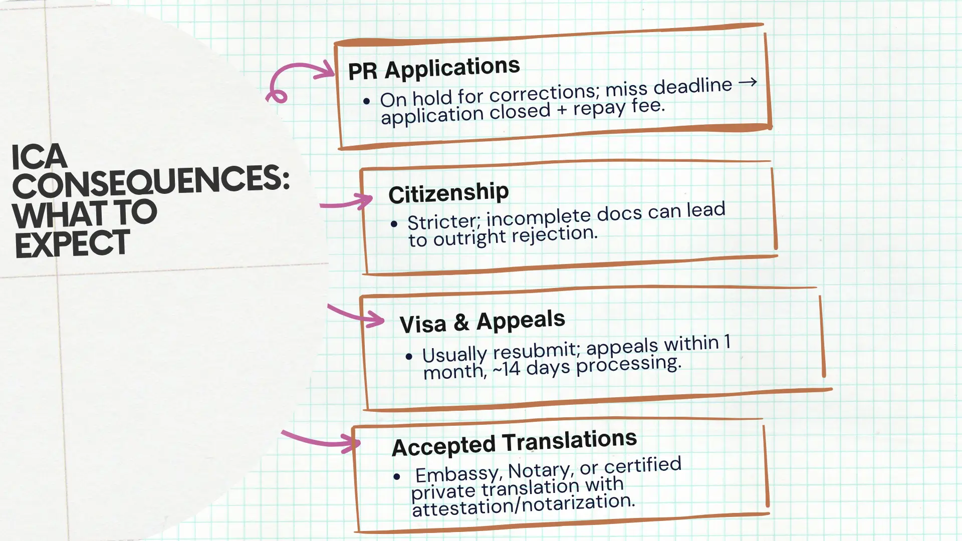 Grid-style infographic titled ‘ICA Consequences: What to Expect,’ outlining outcomes for PR, citizenship, visa appeals, and accepted translations.