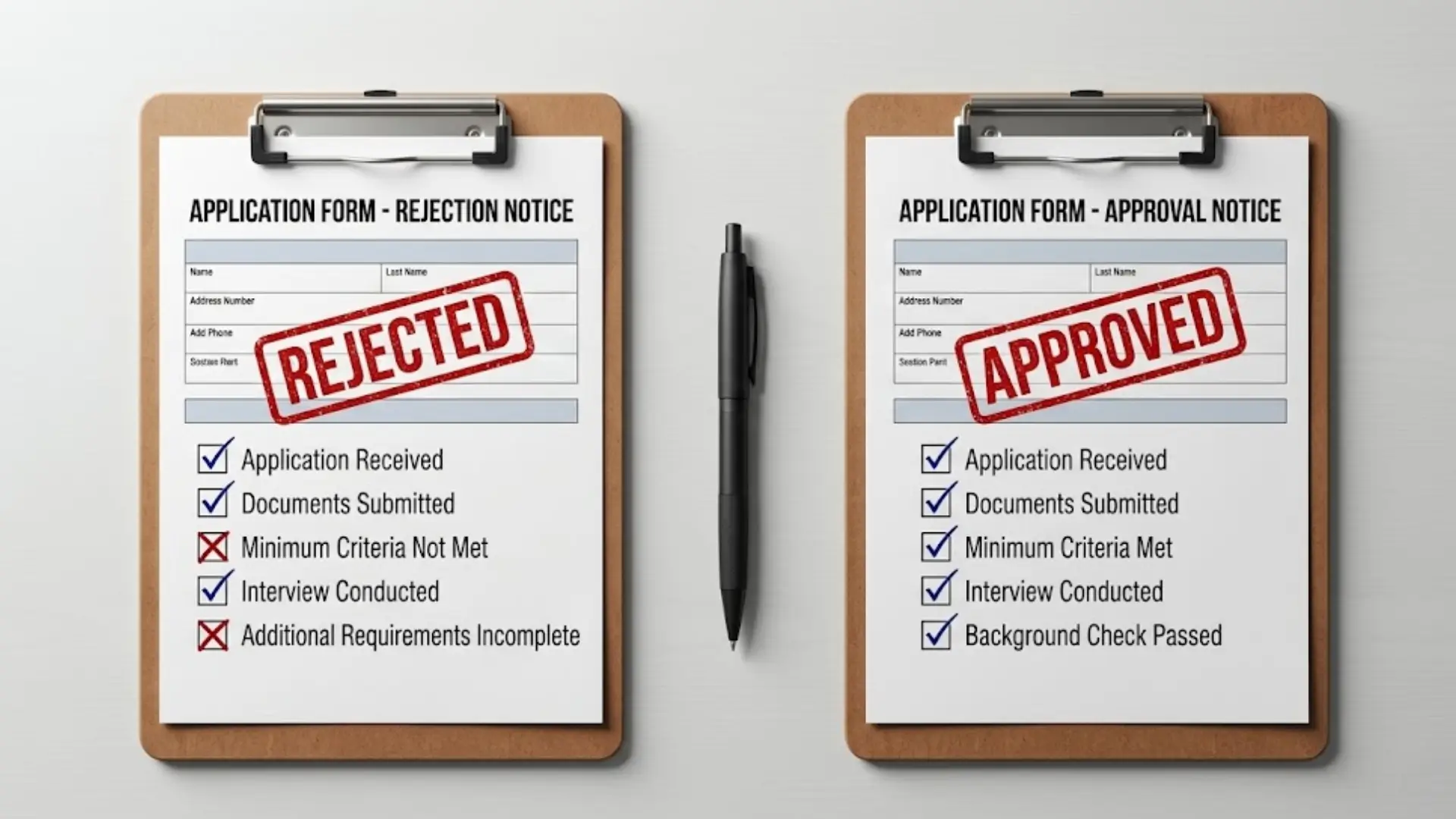 Two clipboards side by side; left shows an application form stamped ‘Rejected,’ right shows a form stamped ‘Approved’.