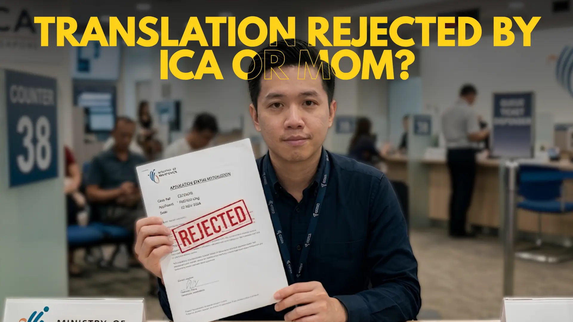 Person holding a document stamped ‘Rejected’ at a government office counter, with text about translation rejection by ICA or MOM.
