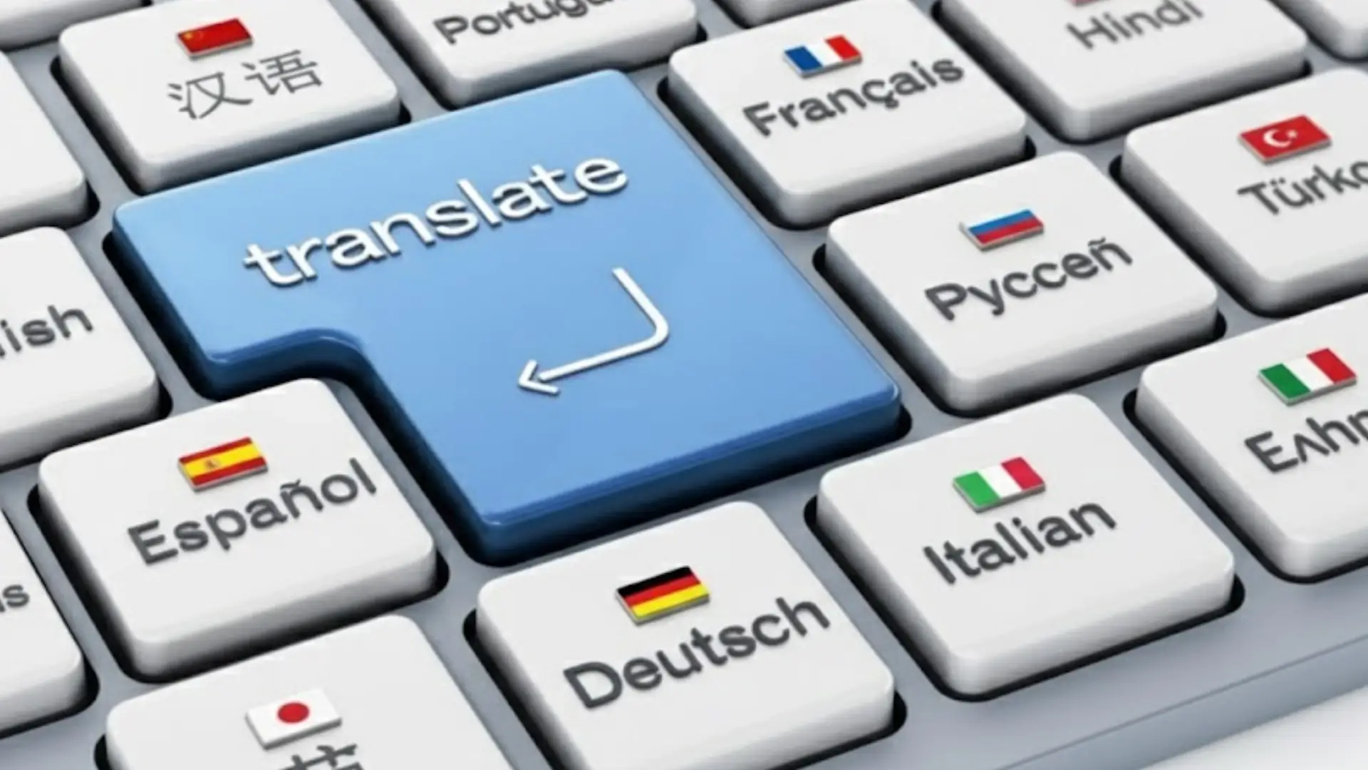 Computer keyboard with keys labeled in multiple languages including Chinese, Portuguese, French, Russian, Hindi, Turkish, Spanish, German, Italian, and Greek, centered around a blue “translate” key with return arrow.
