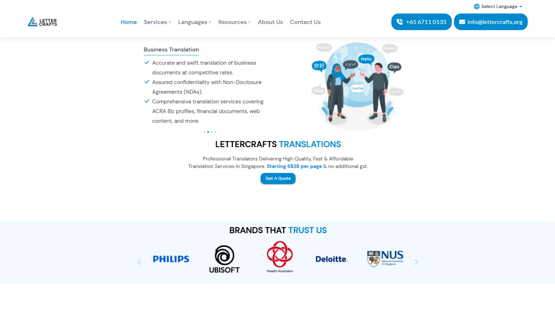 LetterCrafts website screenshot highlighting business translation services for ACRA profiles, financial documents, and web content, with multilingual greetings and client logos like Philips and Deloitte.