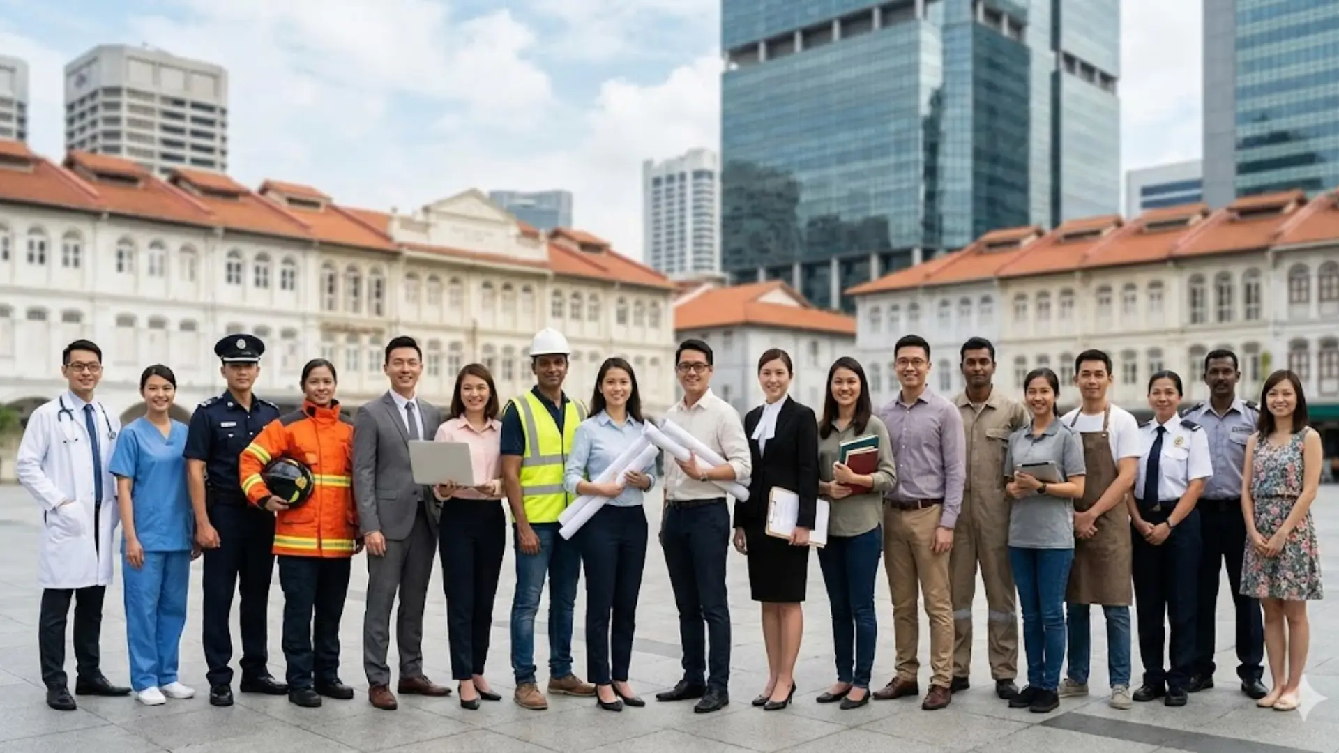 Group of professionals in varied uniforms including doctor, nurse, police officer, firefighter, lawyer, engineer, chef, and businessperson, standing outdoors with city buildings in background.