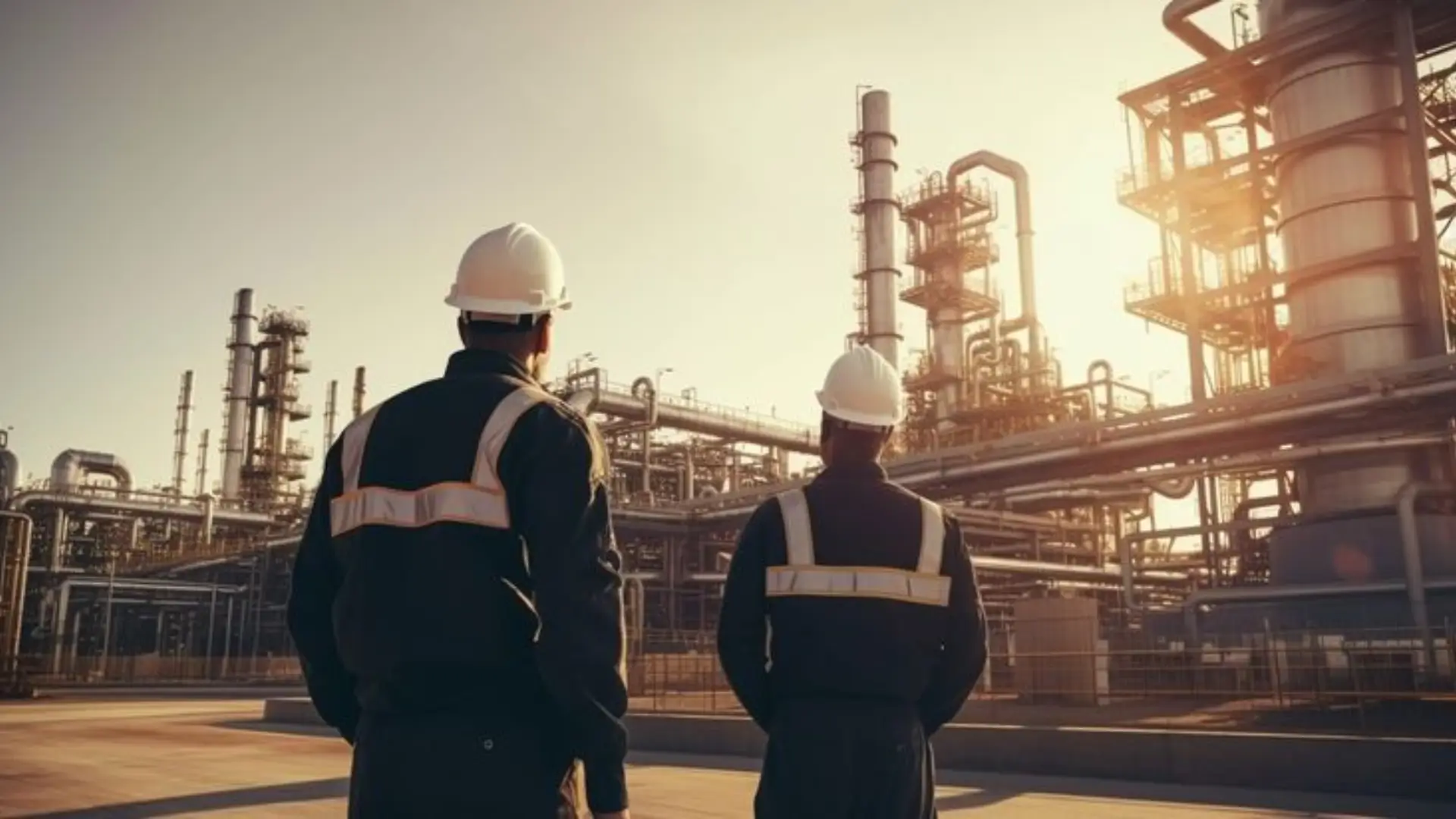 Two workers in safety helmets and reflective uniforms standing in front of large petrochemical refinery with towers and pipes, highlighting industrial infrastructure and safety.