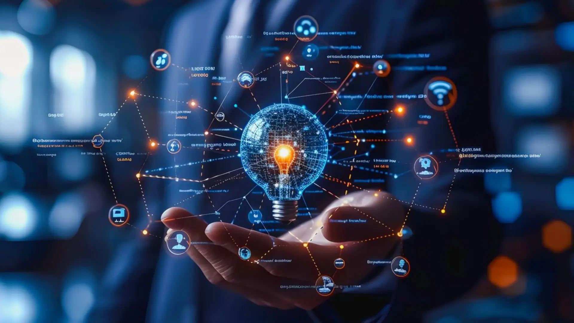 Glowing light bulb above outstretched hand surrounded by interconnected digital icons for Wi‑Fi, cloud, and user profiles, symbolizing innovation and digital transformation