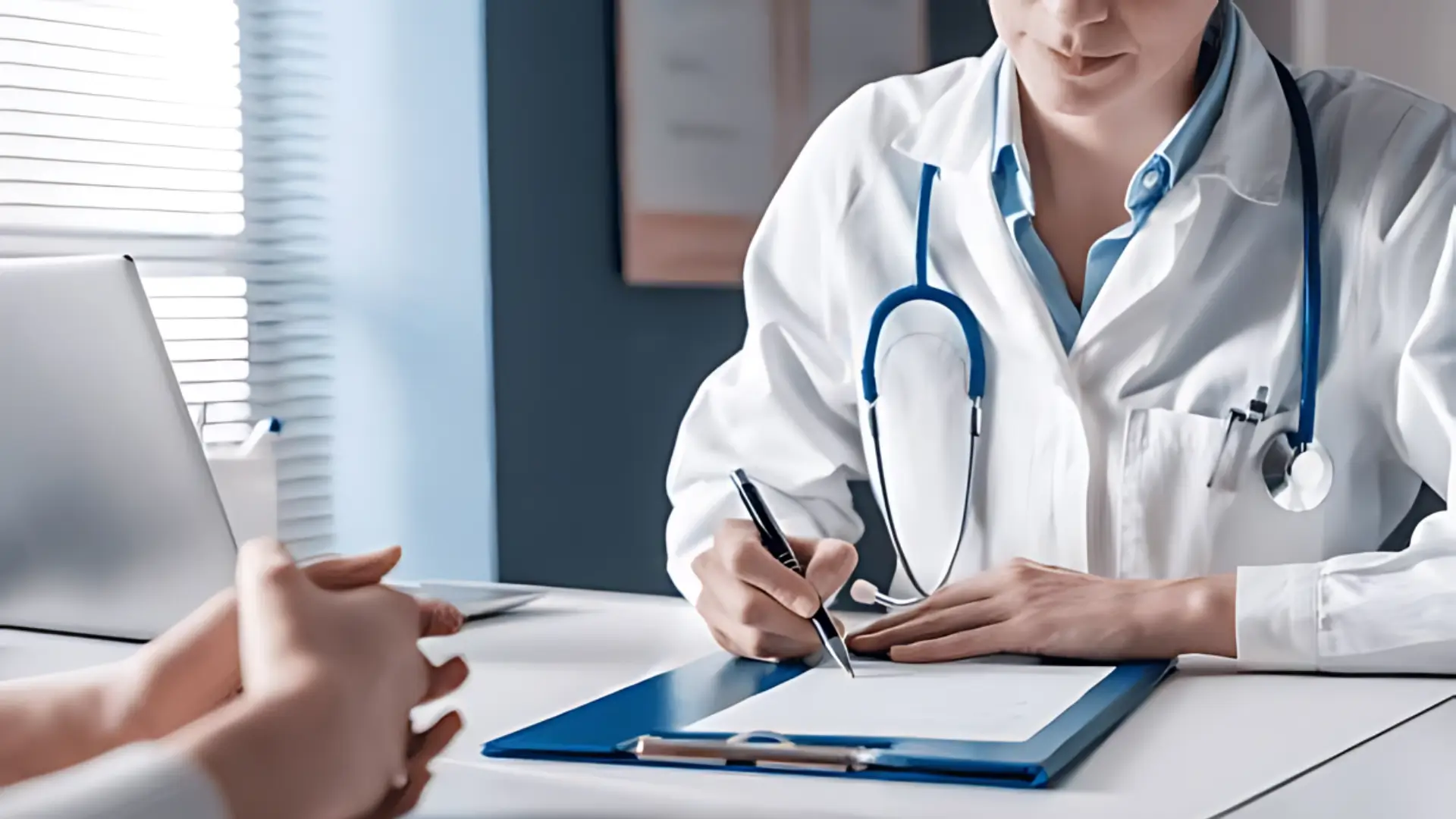 Doctor in white coat with stethoscope writing on clipboard during consultation with patient seated across desk, symbolizing healthcare communication and documentation.